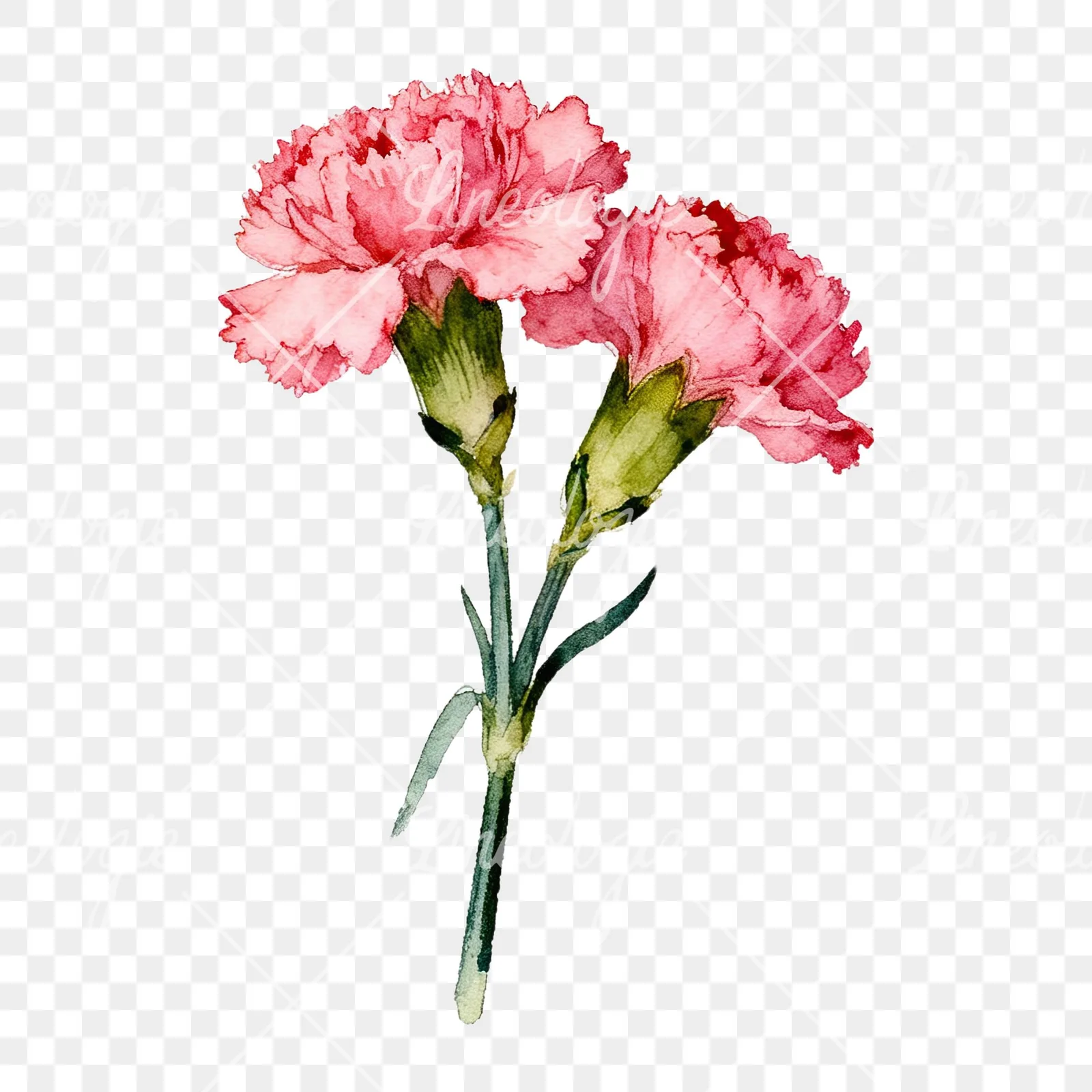 Watercolor pink carnation flower bouquet clipart 2 of 9 on a transparent background (PNG)