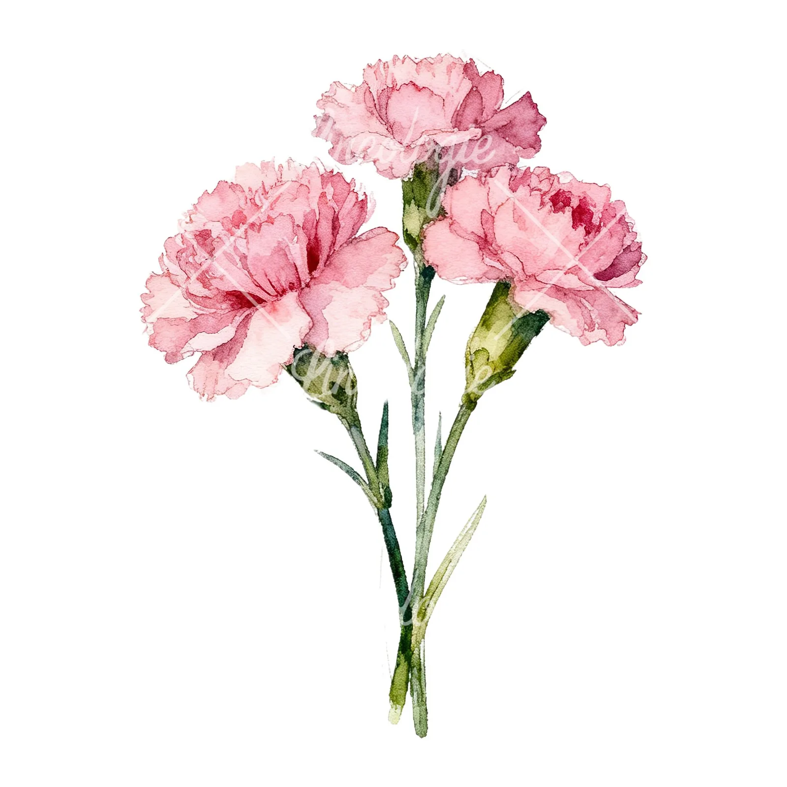 Watercolor pink carnation flower bouquet clipart 3 of 9 on a white background (JPG)