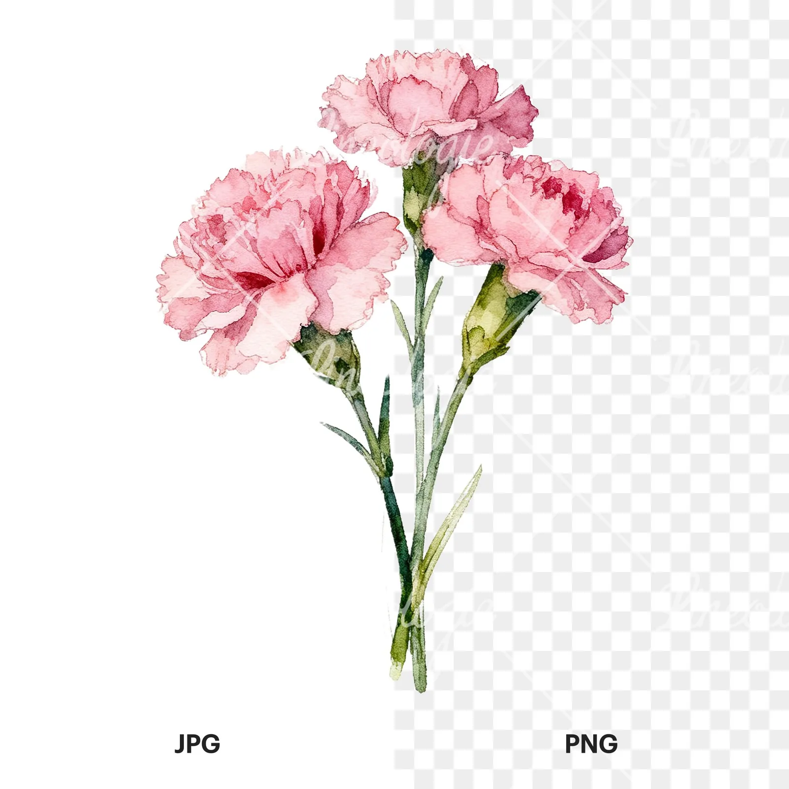 Watercolor pink carnation flower bouquet clipart 3 of 9, as a JPG on white and a transparent PNG