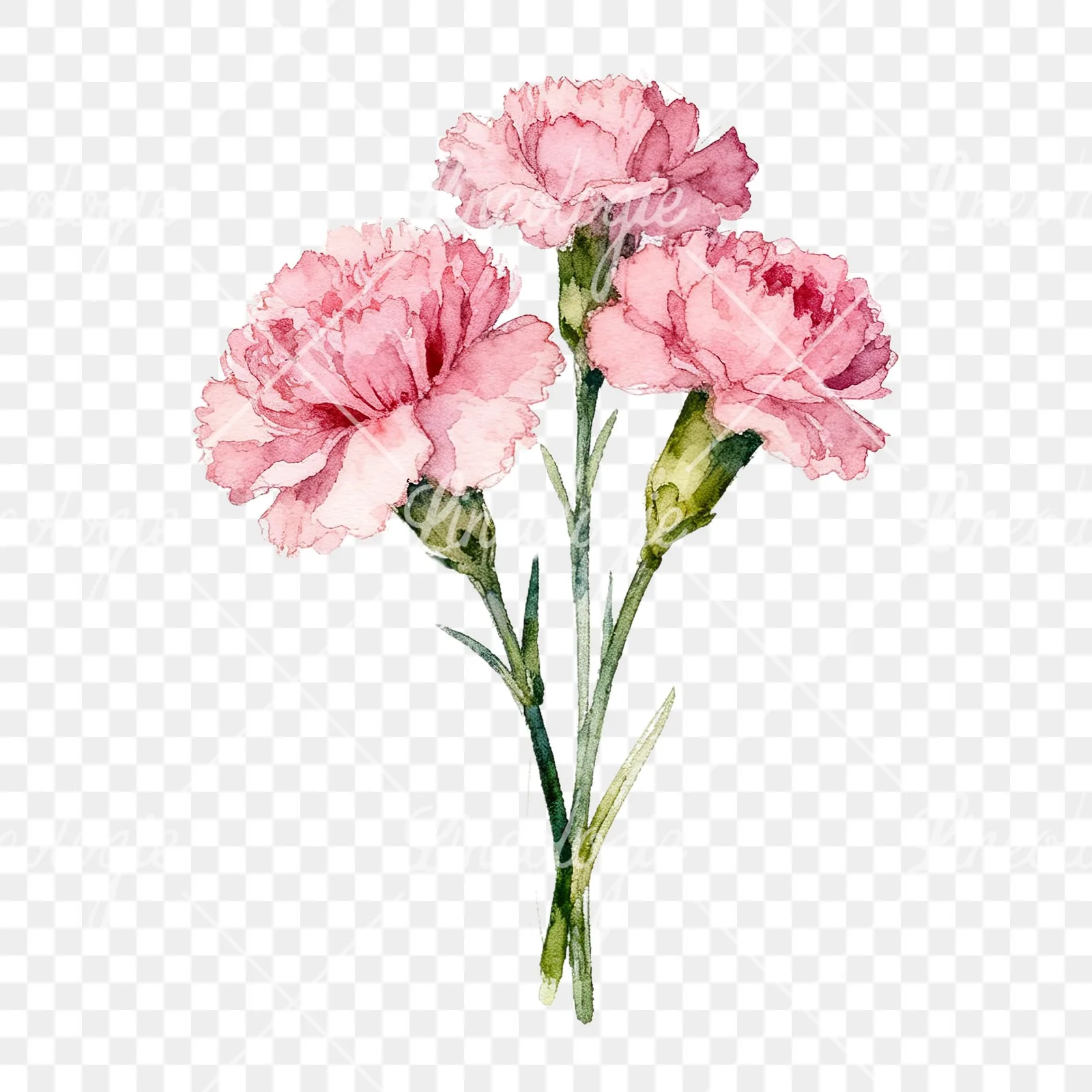 Watercolor pink carnation flower bouquet clipart 3 of 9 on a transparent background (PNG)