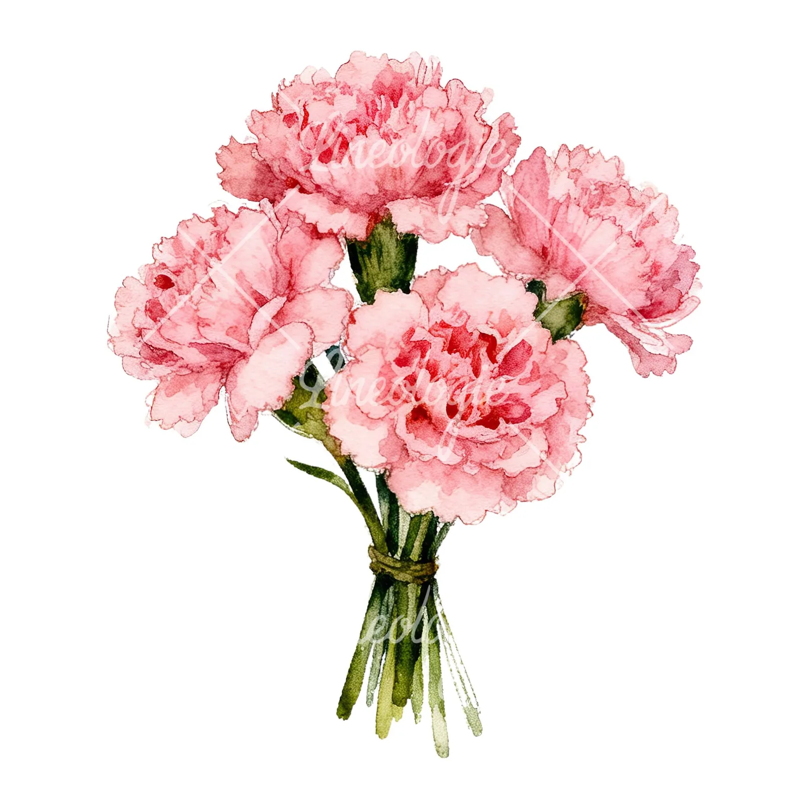 Watercolor pink carnation flower bouquet clipart 4 of 9 on a white background (JPG)