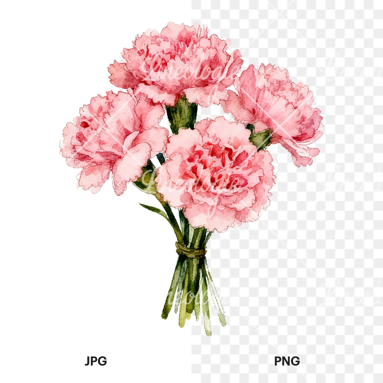 Watercolor pink carnation flower bouquet clipart 4 of 9, as a JPG on white and a transparent PNG