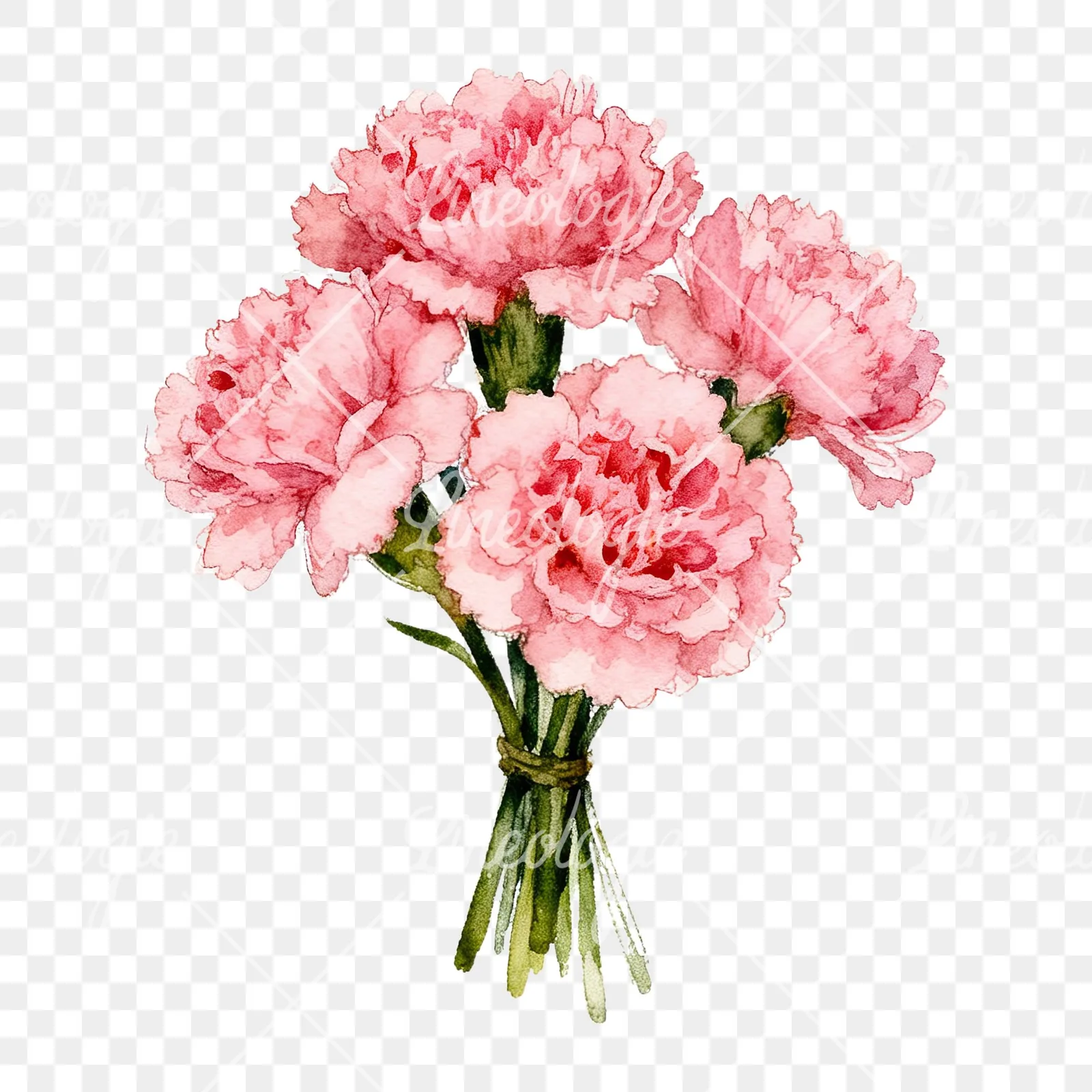 Watercolor pink carnation flower bouquet clipart 4 of 9 on a transparent background (PNG)
