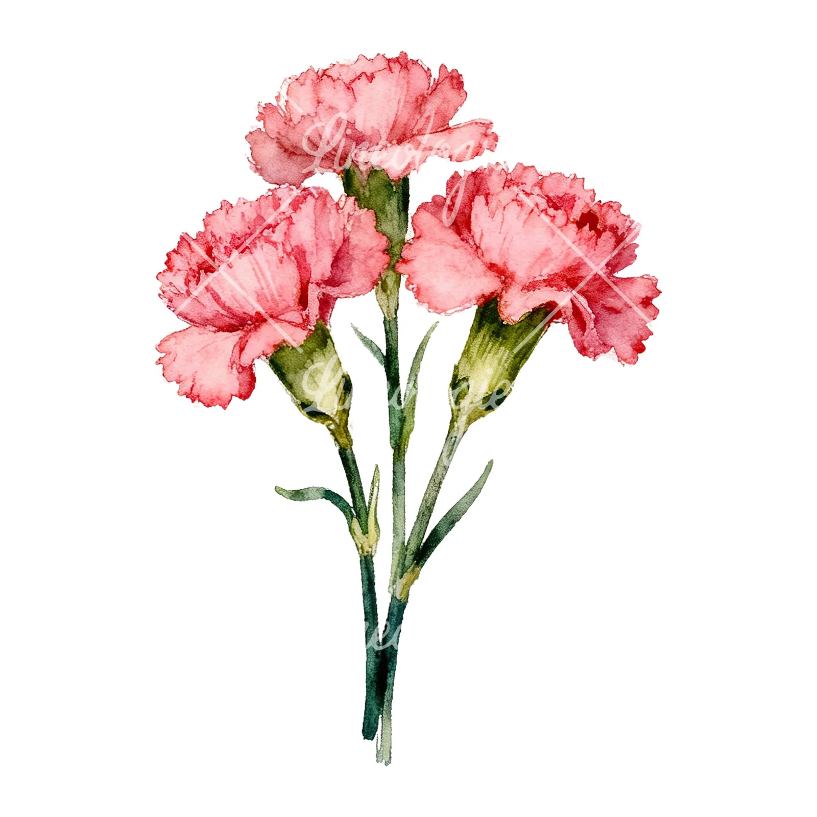 Watercolor pink carnation flower bouquet clipart 5 of 9 on a white background (JPG)