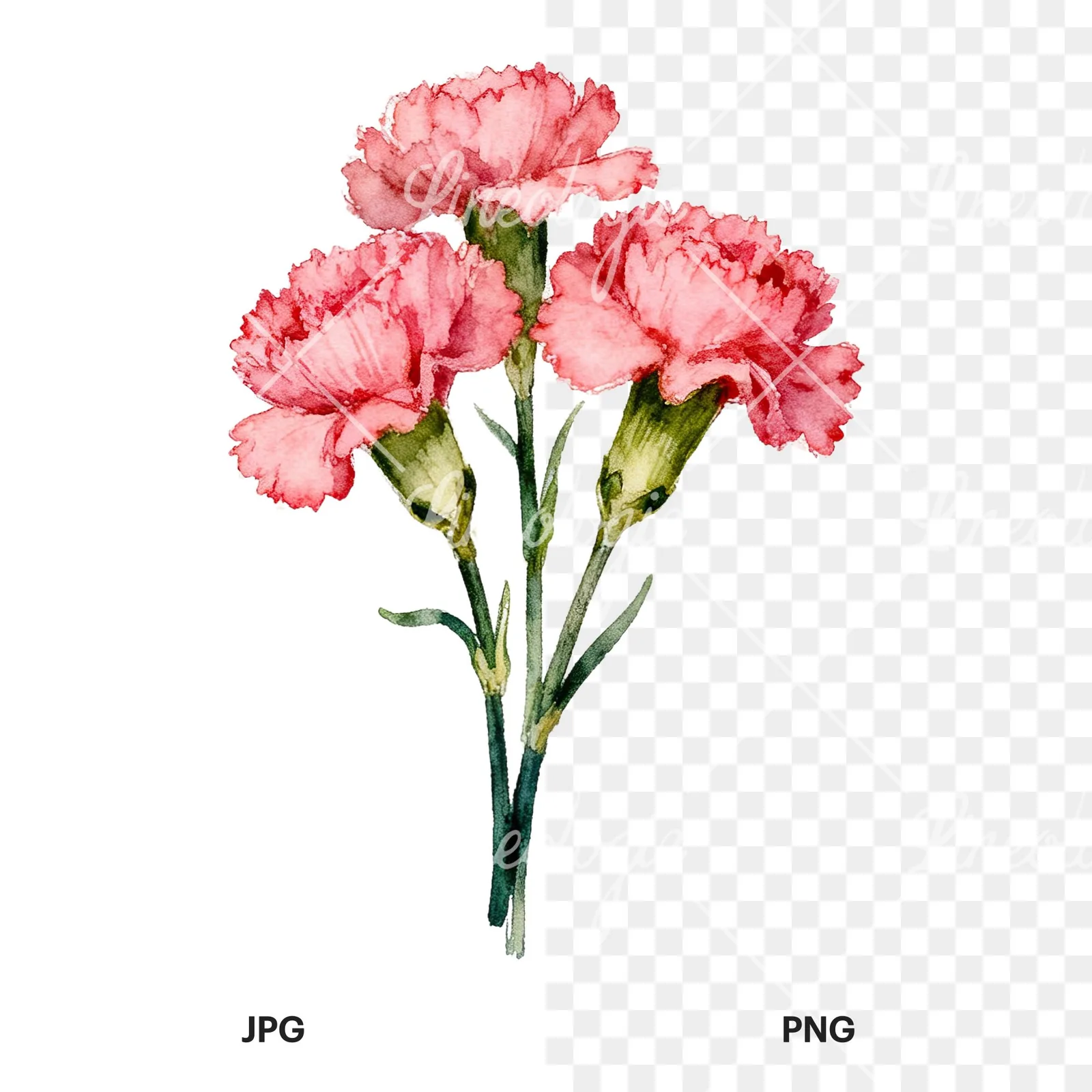 Watercolor pink carnation flower bouquet clipart 5 of 9, as a JPG on white and a transparent PNG