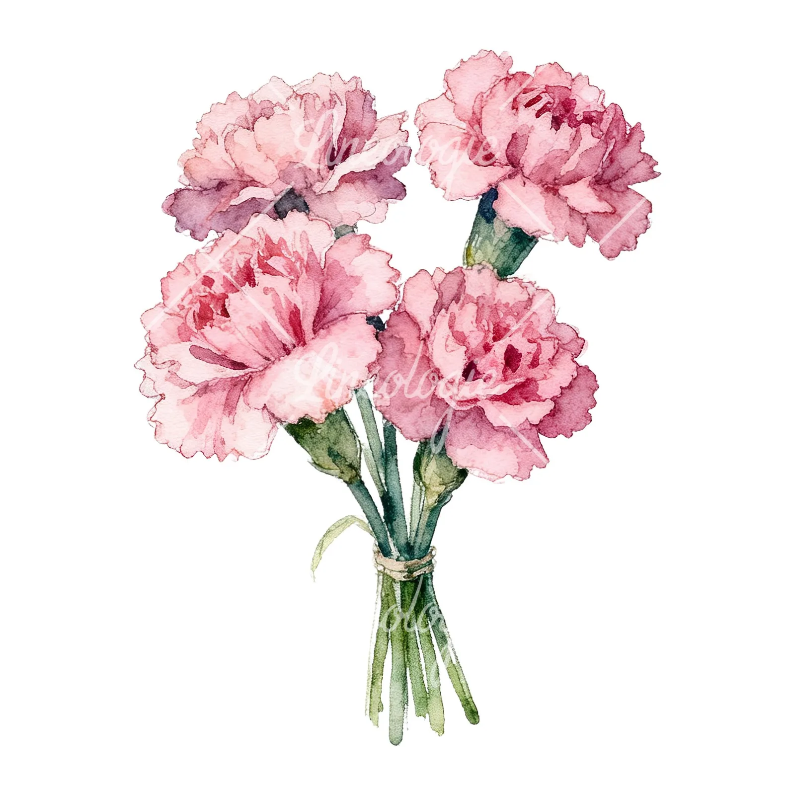 Watercolor pink carnation flower bouquet clipart 6 of 9 on a white background (JPG)