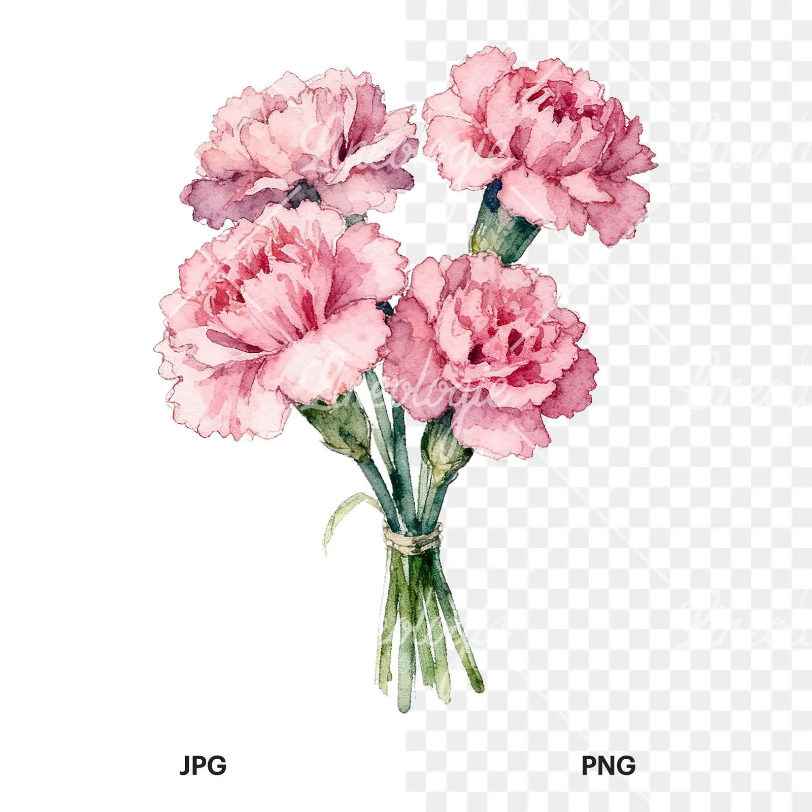 Watercolor pink carnation flower bouquet clipart 6 of 9, as a JPG on white and a transparent PNG