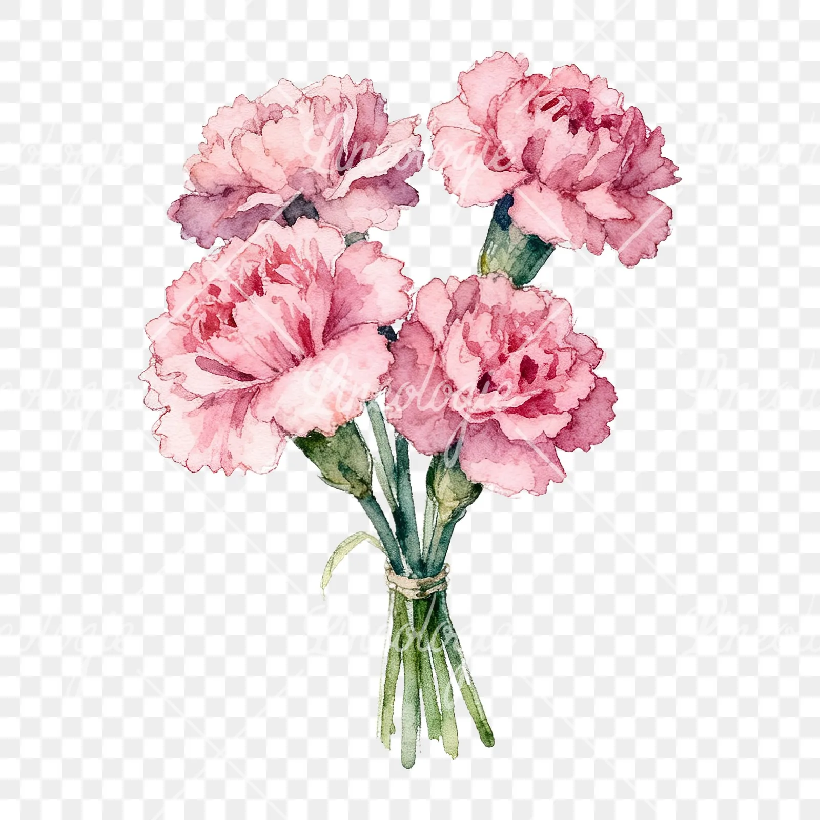 Watercolor pink carnation flower bouquet clipart 6 of 9 on a transparent background (PNG)