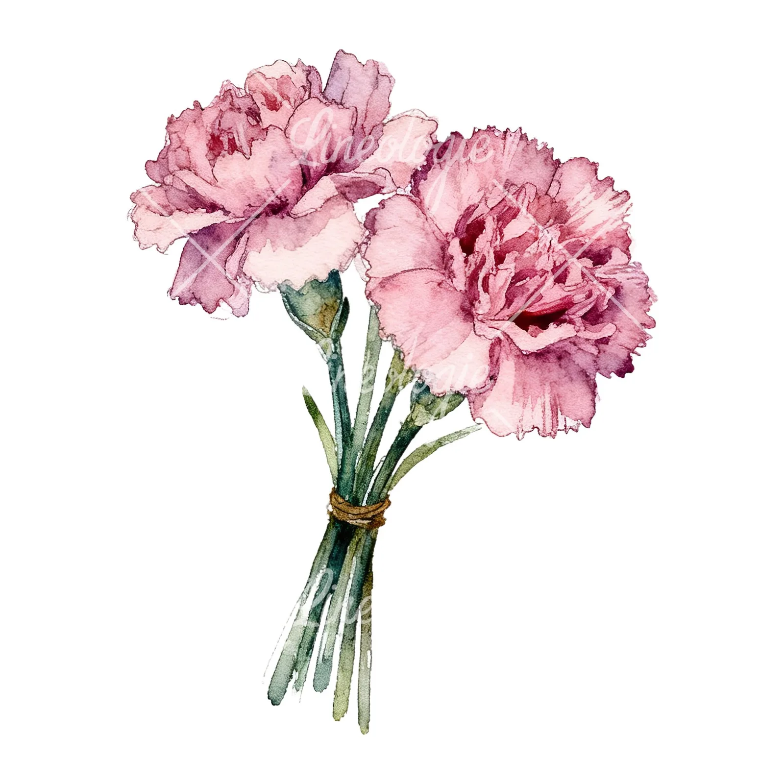 Watercolor pink carnation flower bouquet clipart 7 of 9 on a white background (JPG)
