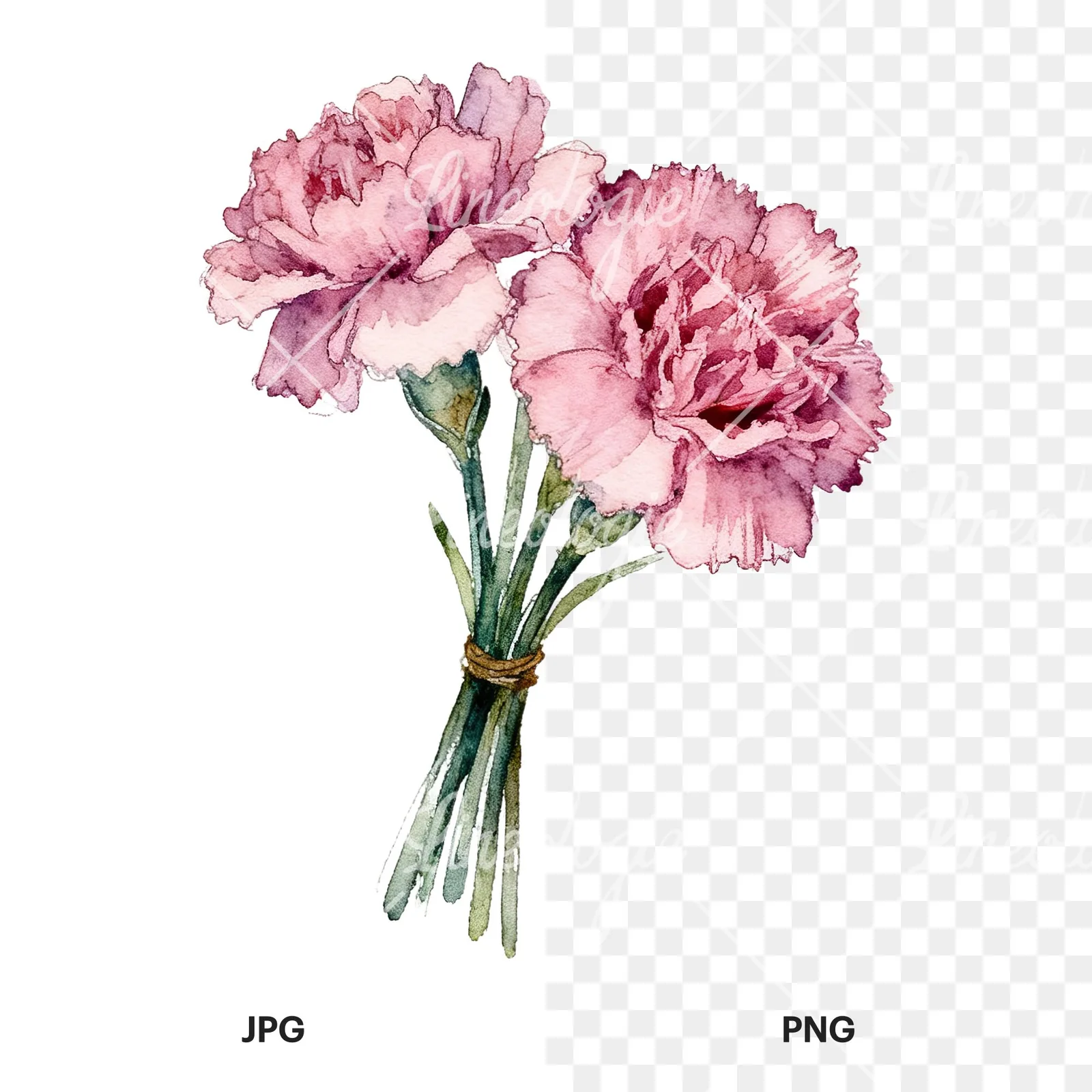 Watercolor pink carnation flower bouquet clipart 7 of 9, as a JPG on white and a transparent PNG