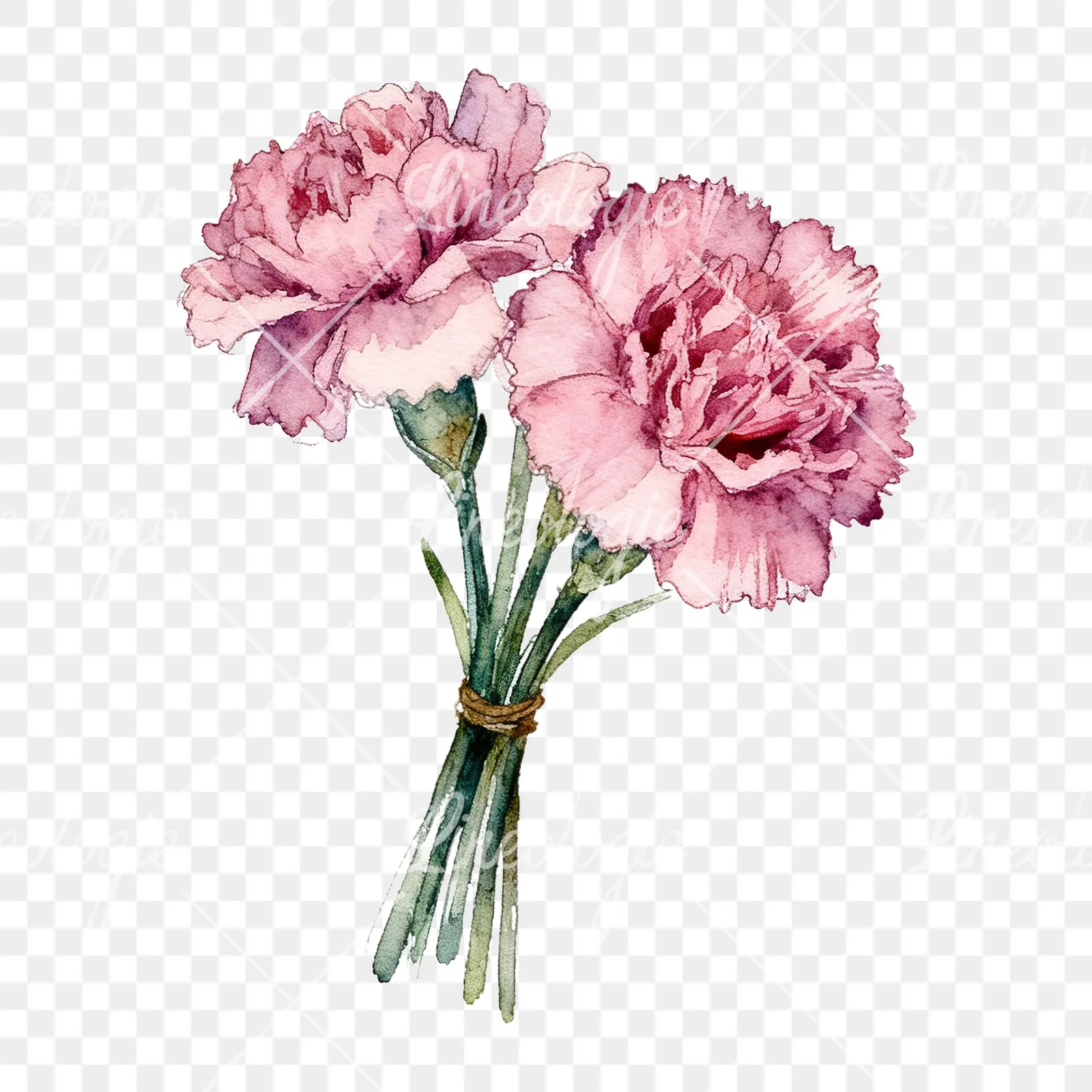 Watercolor pink carnation flower bouquet clipart 7 of 9 on a transparent background (PNG)