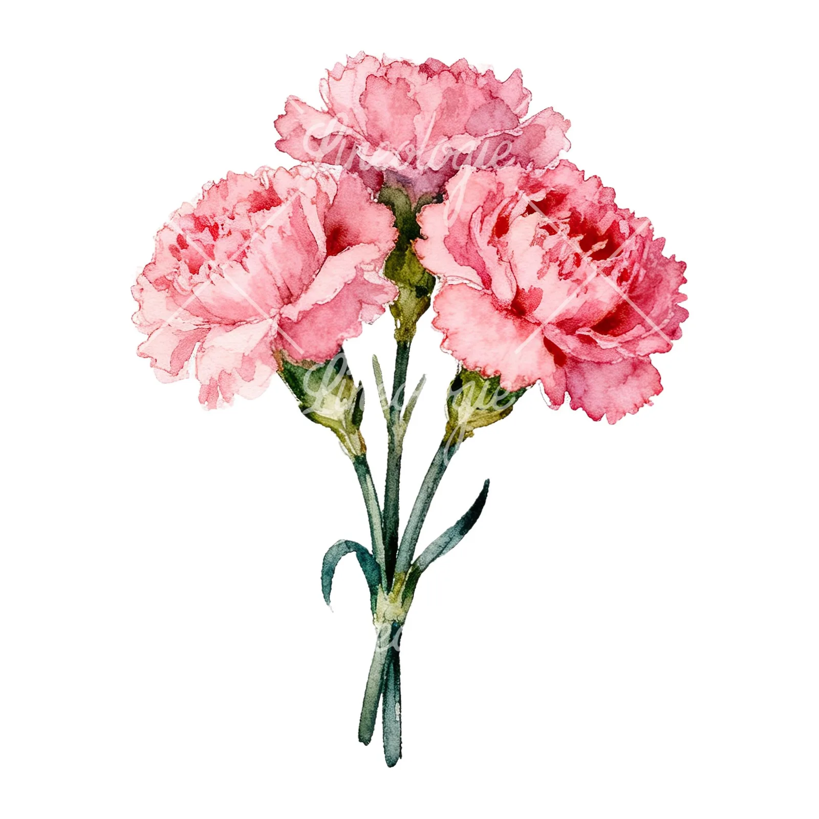 Watercolor pink carnation flower bouquet clipart 8 of 9 on a white background (JPG)