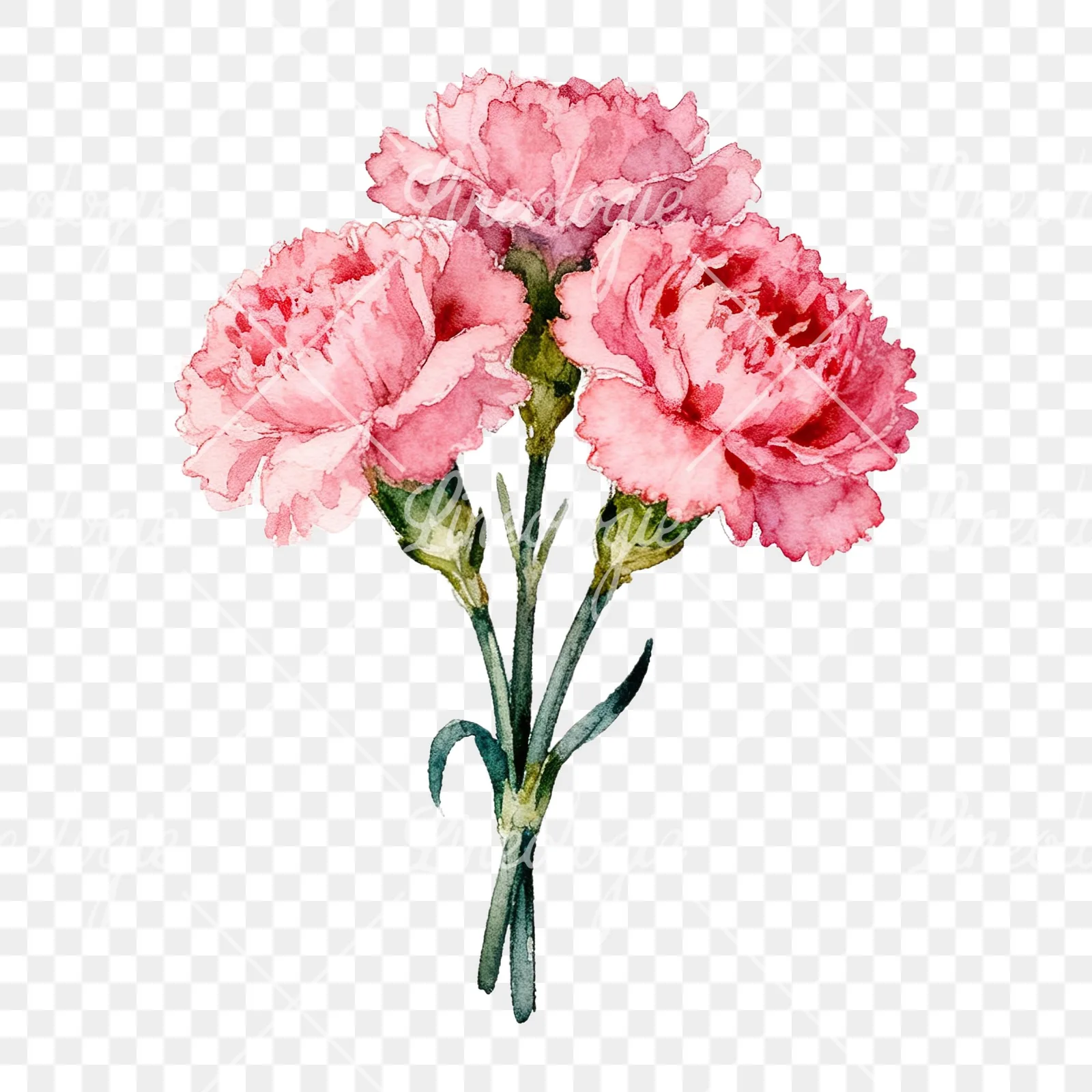 Watercolor pink carnation flower bouquet clipart 8 of 9 on a transparent background (PNG)