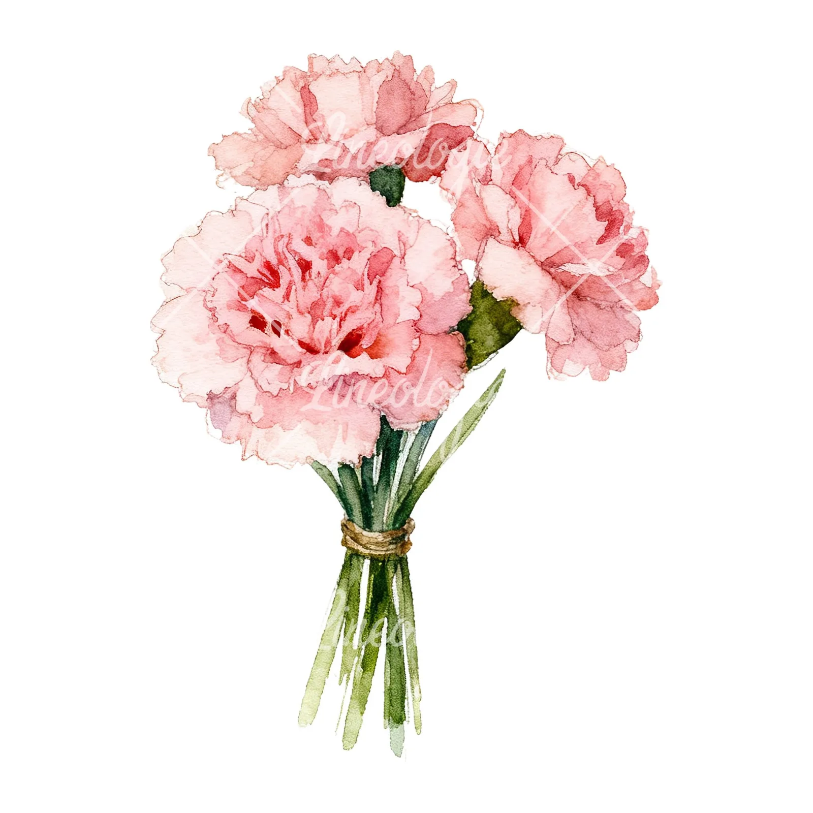 Watercolor pink carnation flower bouquet clipart 9 of 9 on a white background (JPG)