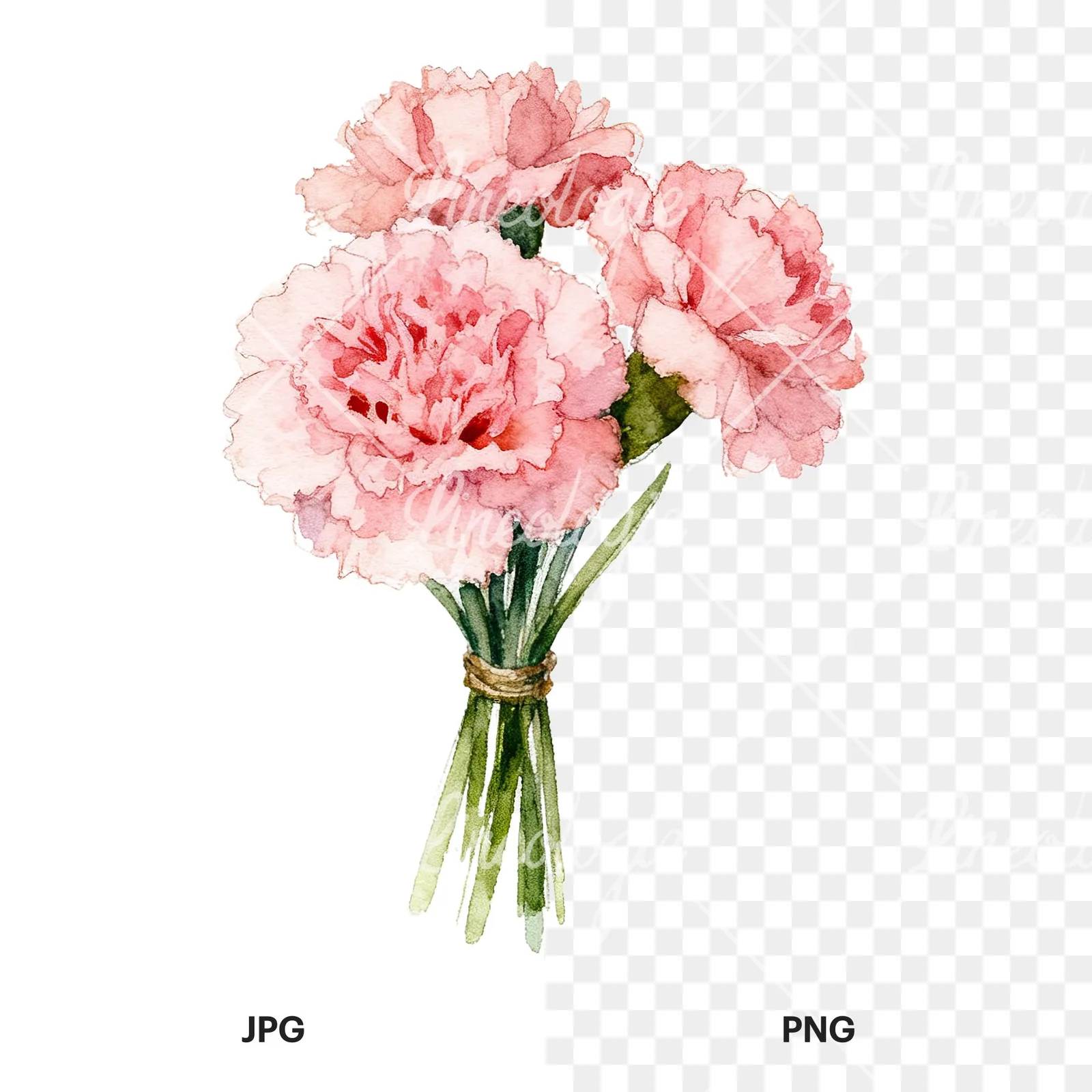 Watercolor pink carnation flower bouquet clipart 9 of 9, as a JPG on white and a transparent PNG
