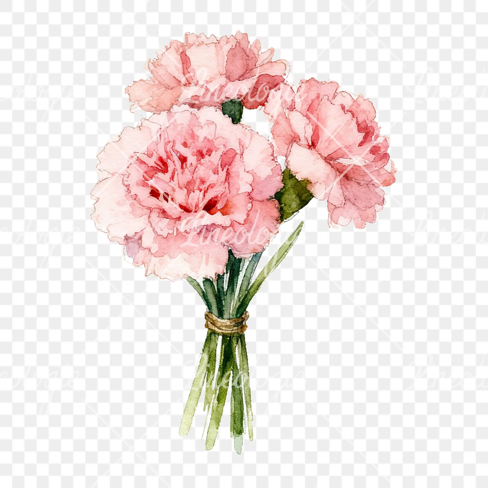Watercolor pink carnation flower bouquet clipart 9 of 9 on a transparent background (PNG)