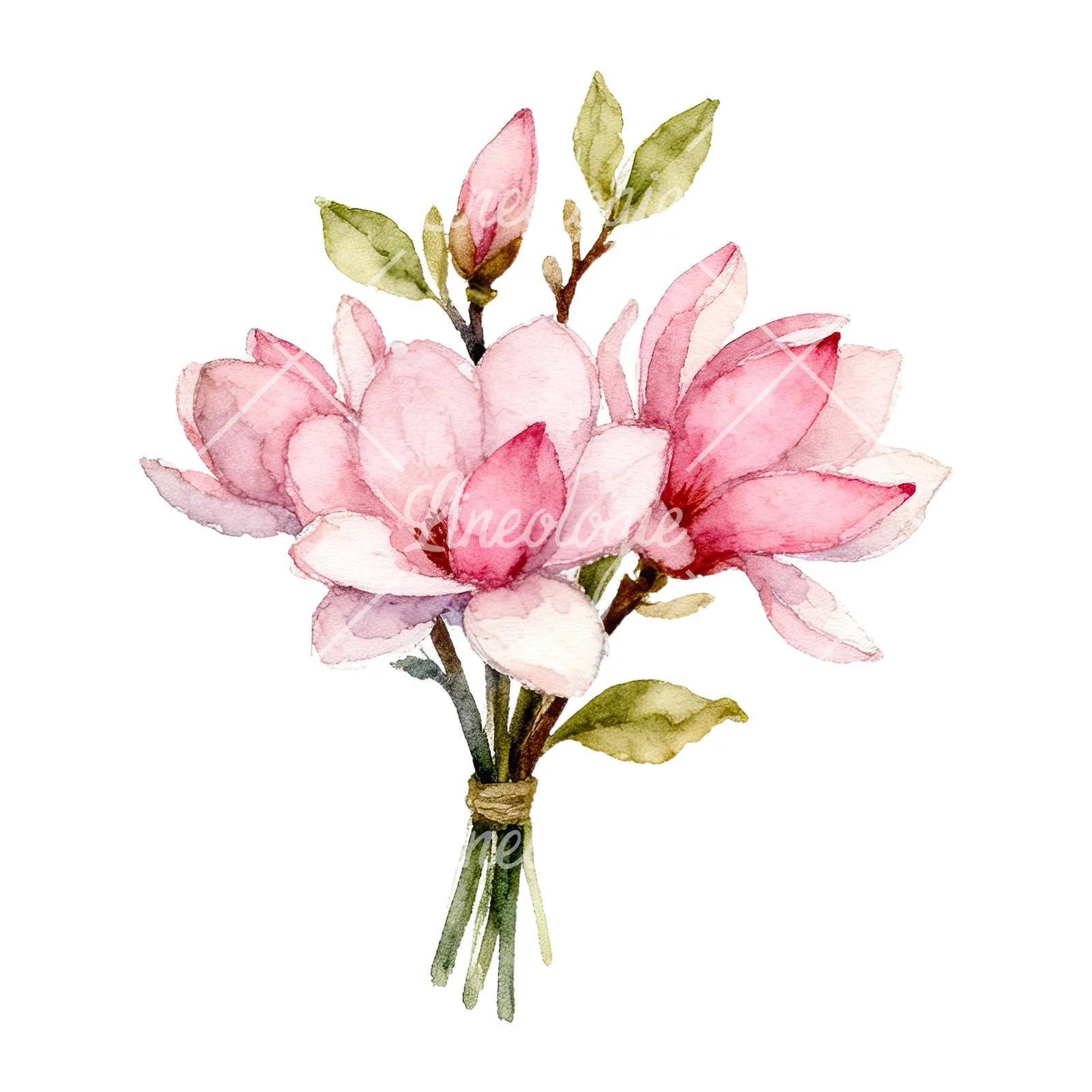 Watercolor pink magnolia bouquet with branches clipart 1 of 9 on a white background (JPG)