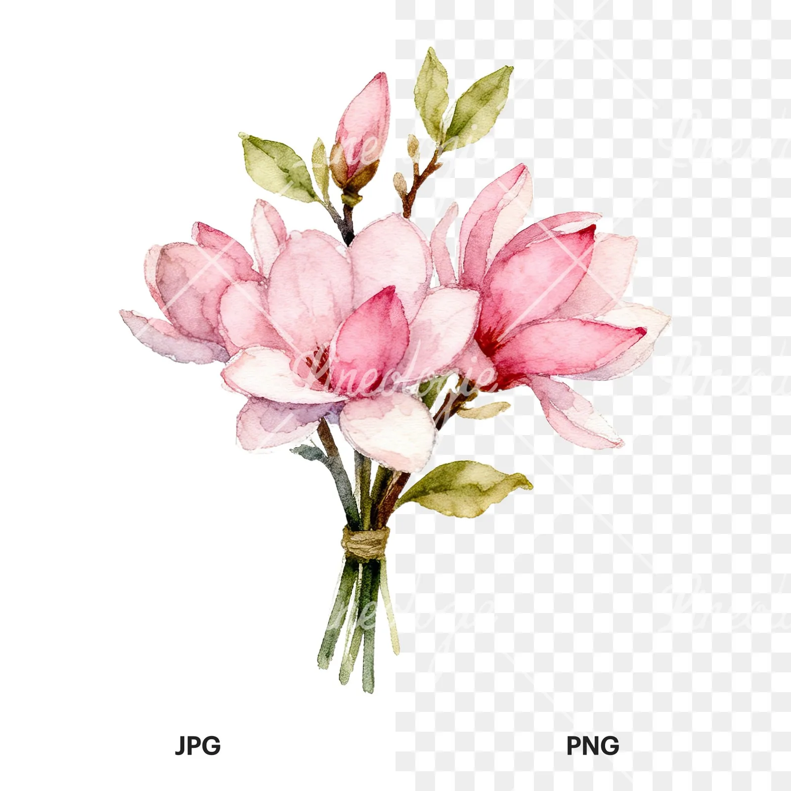 Watercolor pink magnolia bouquet with branches clipart 1 of 9, as a JPG on white and a transparent PNG