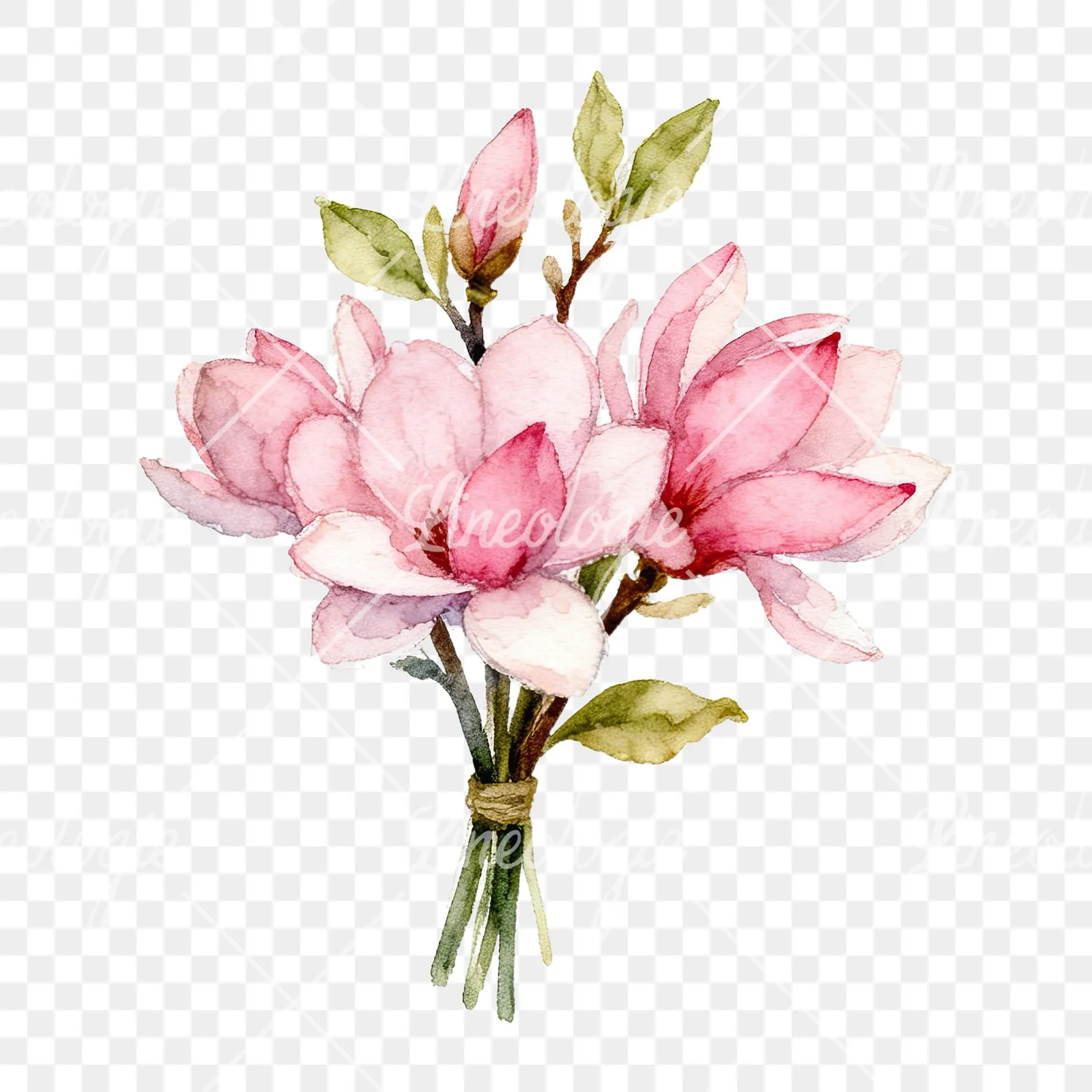 Watercolor pink magnolia bouquet with branches clipart 1 of 9 on a transparent background (PNG)