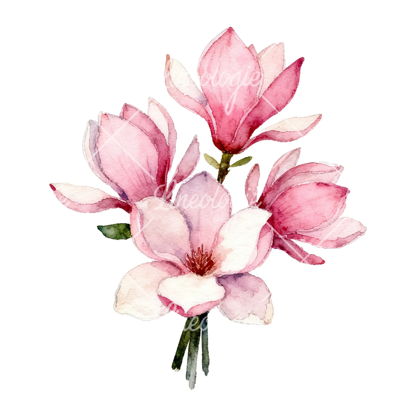 Watercolor pink magnolia bouquet with branches clipart 2 of 9 on a white background (JPG)