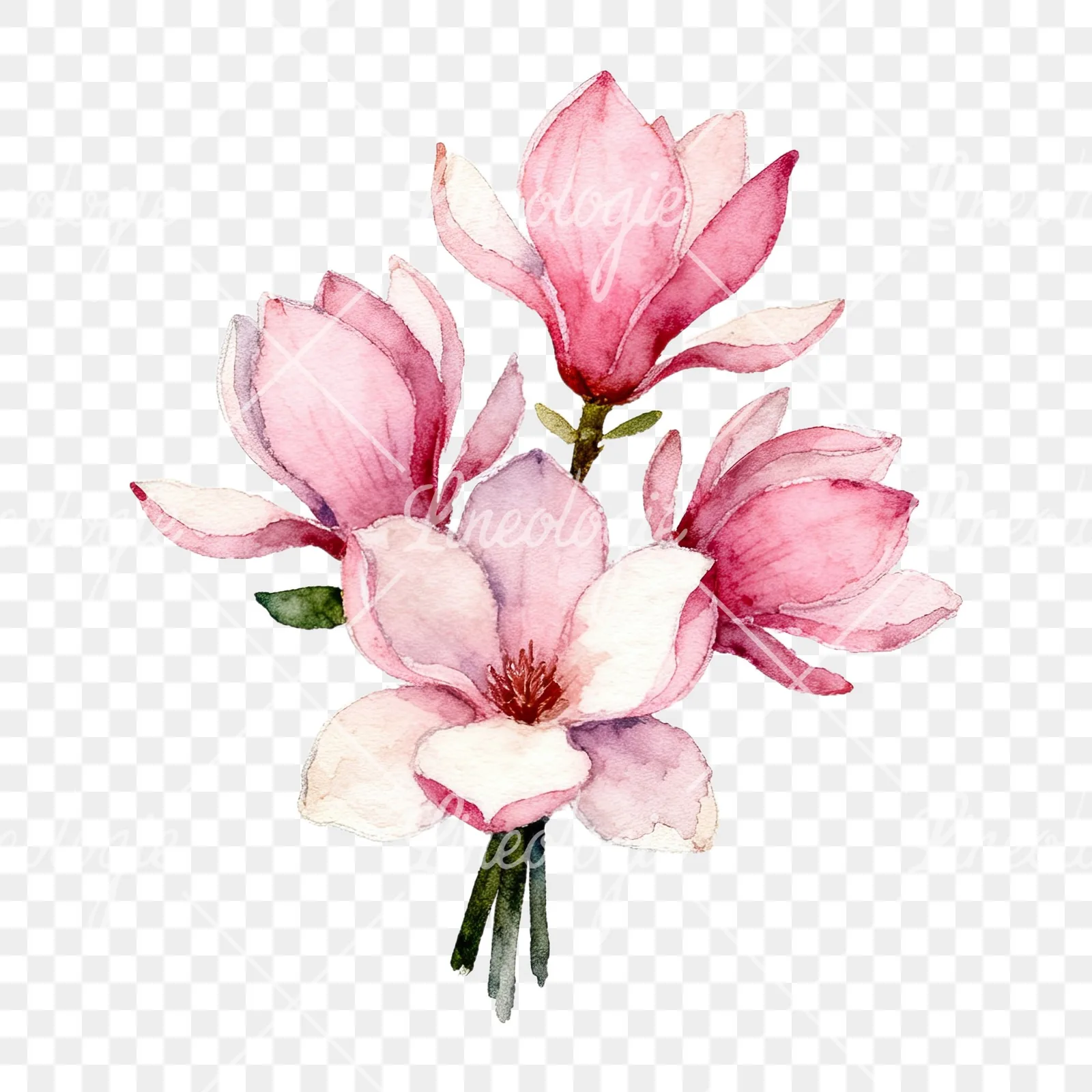 Watercolor pink magnolia bouquet with branches clipart 2 of 9 on a transparent background (PNG)