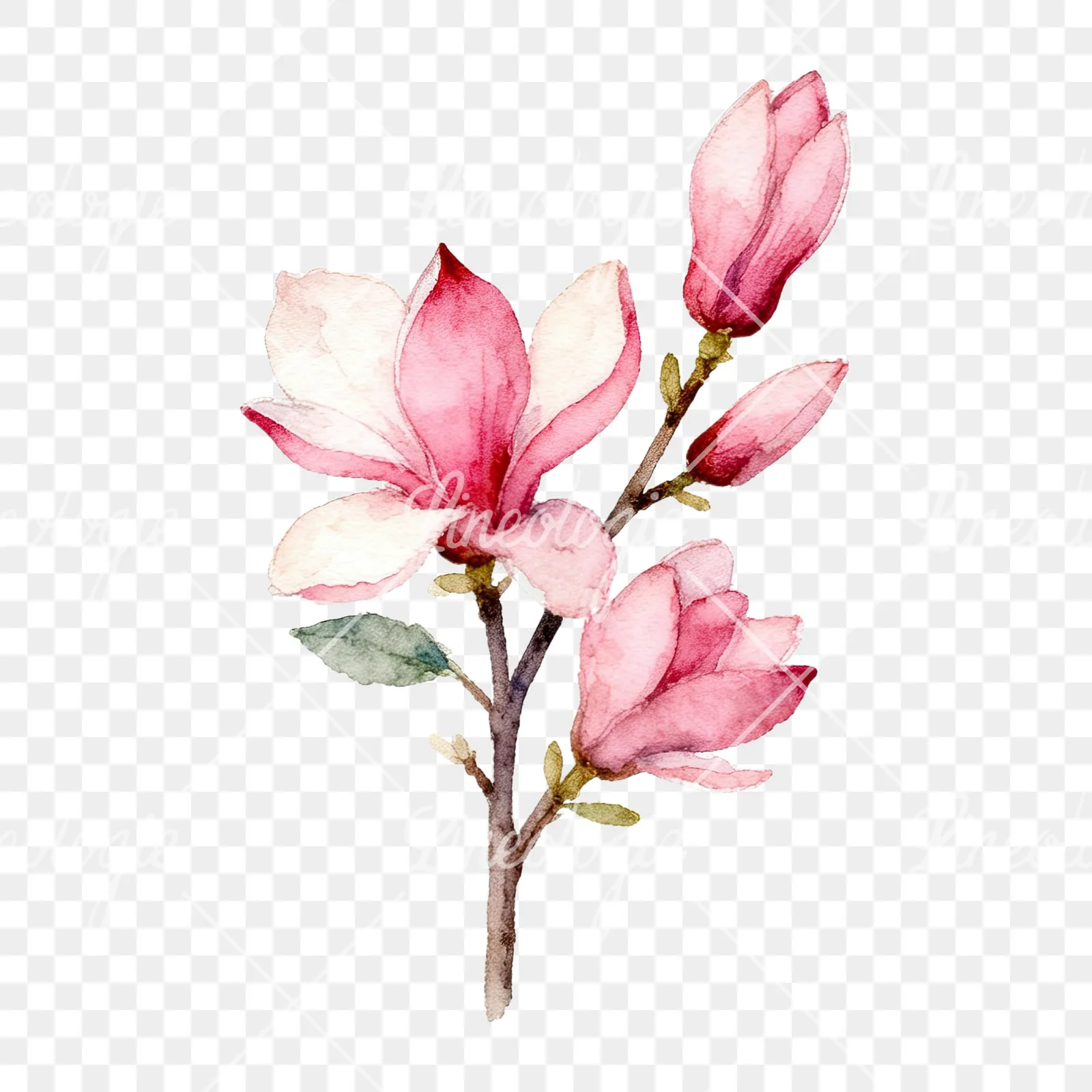 Watercolor pink magnolia bouquet with branches clipart 3 of 9 on a transparent background (PNG)