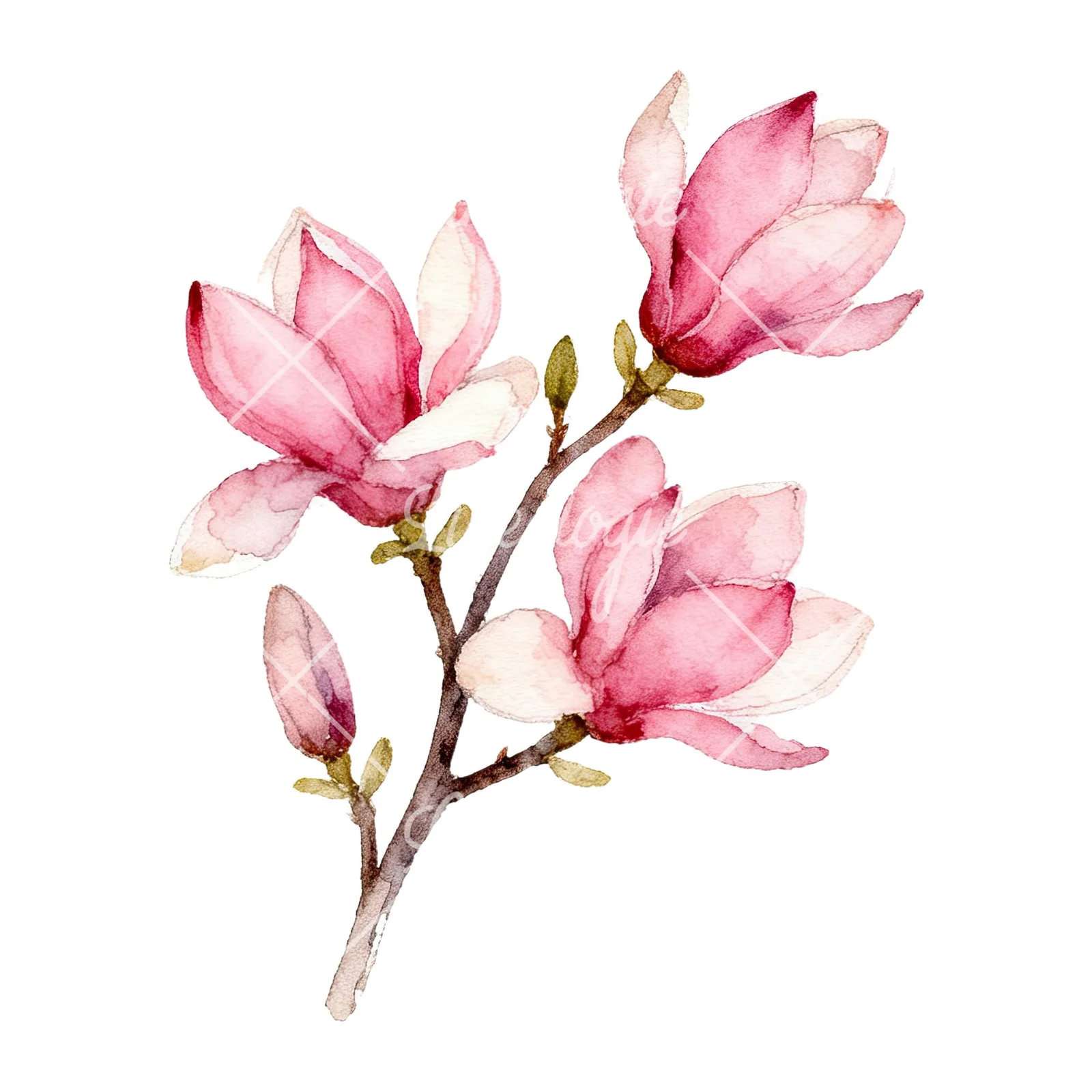 Watercolor pink magnolia bouquet with branches clipart 4 of 9 on a white background (JPG)