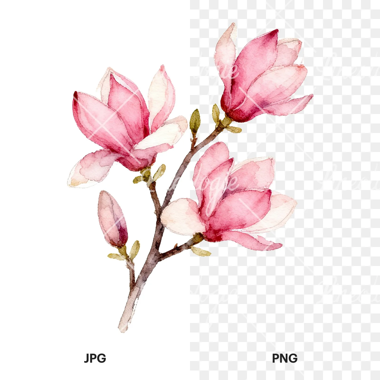 Watercolor pink magnolia bouquet with branches clipart 4 of 9, as a JPG on white and a transparent PNG