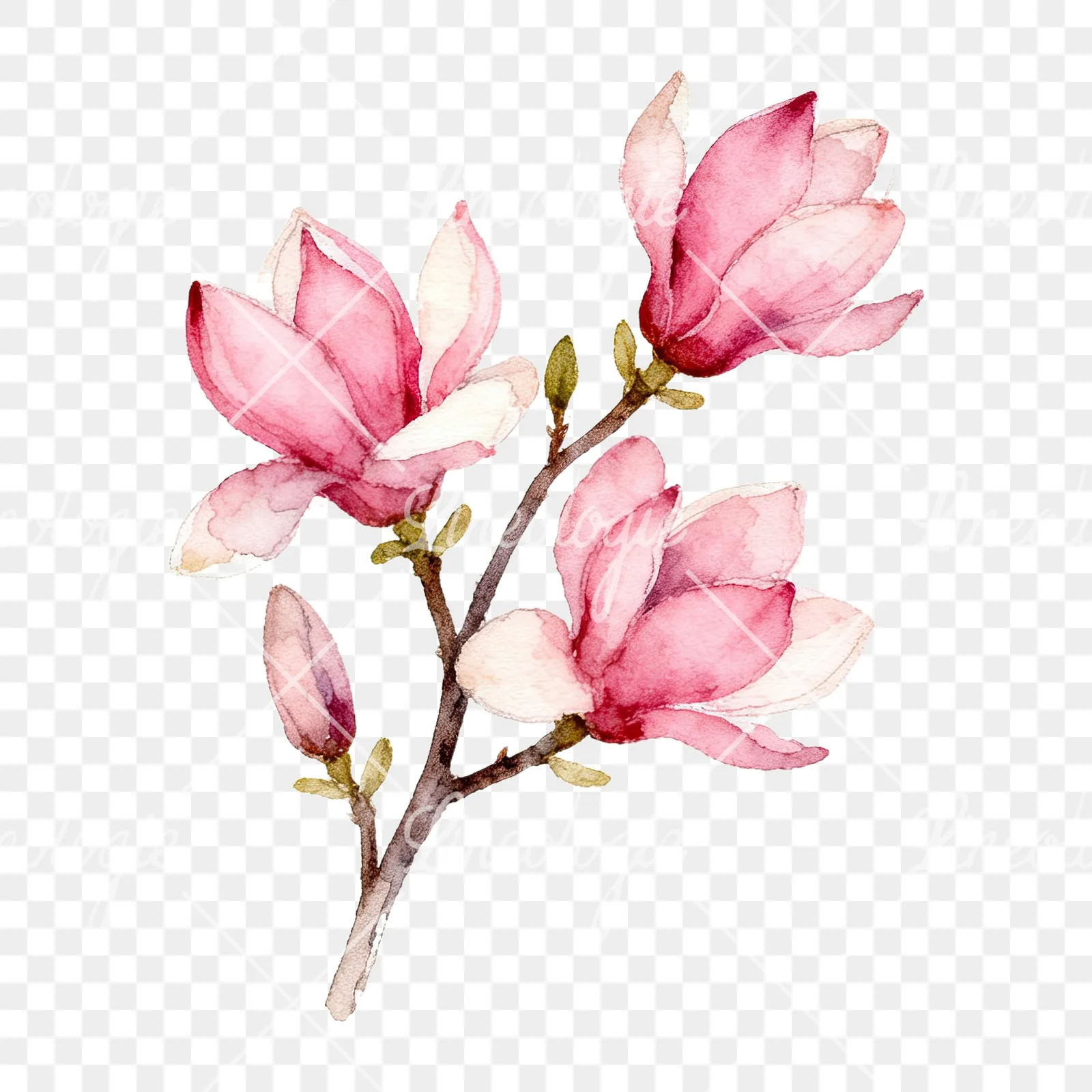Watercolor pink magnolia bouquet with branches clipart 4 of 9 on a transparent background (PNG)