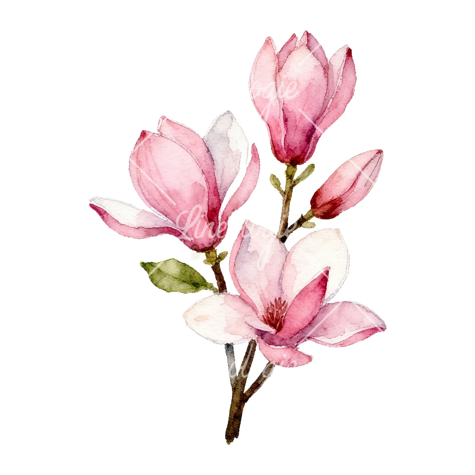 Watercolor pink magnolia bouquet with branches clipart 5 of 9 on a white background (JPG)