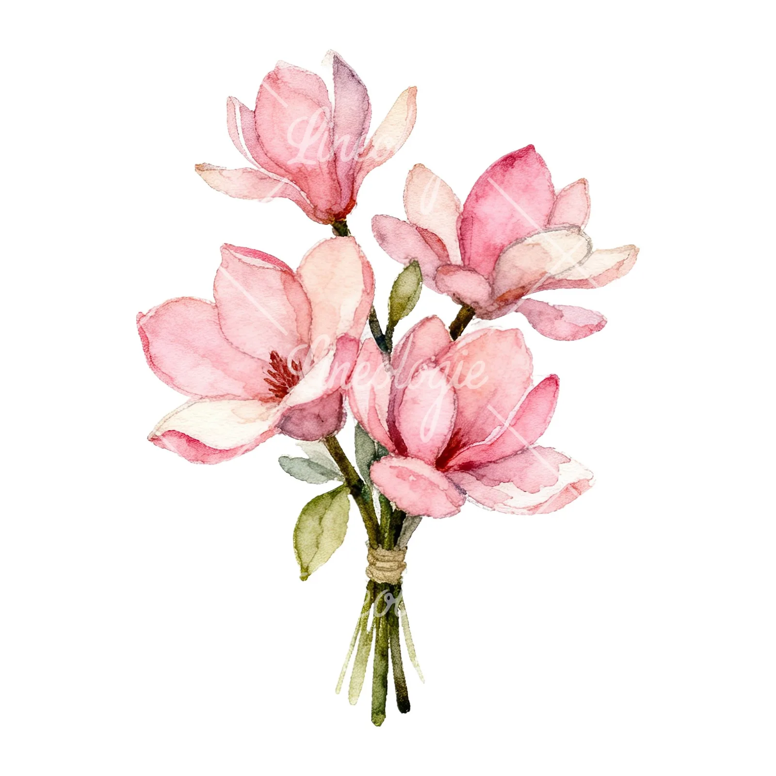 Watercolor pink magnolia bouquet with branches clipart 6 of 9 on a white background (JPG)