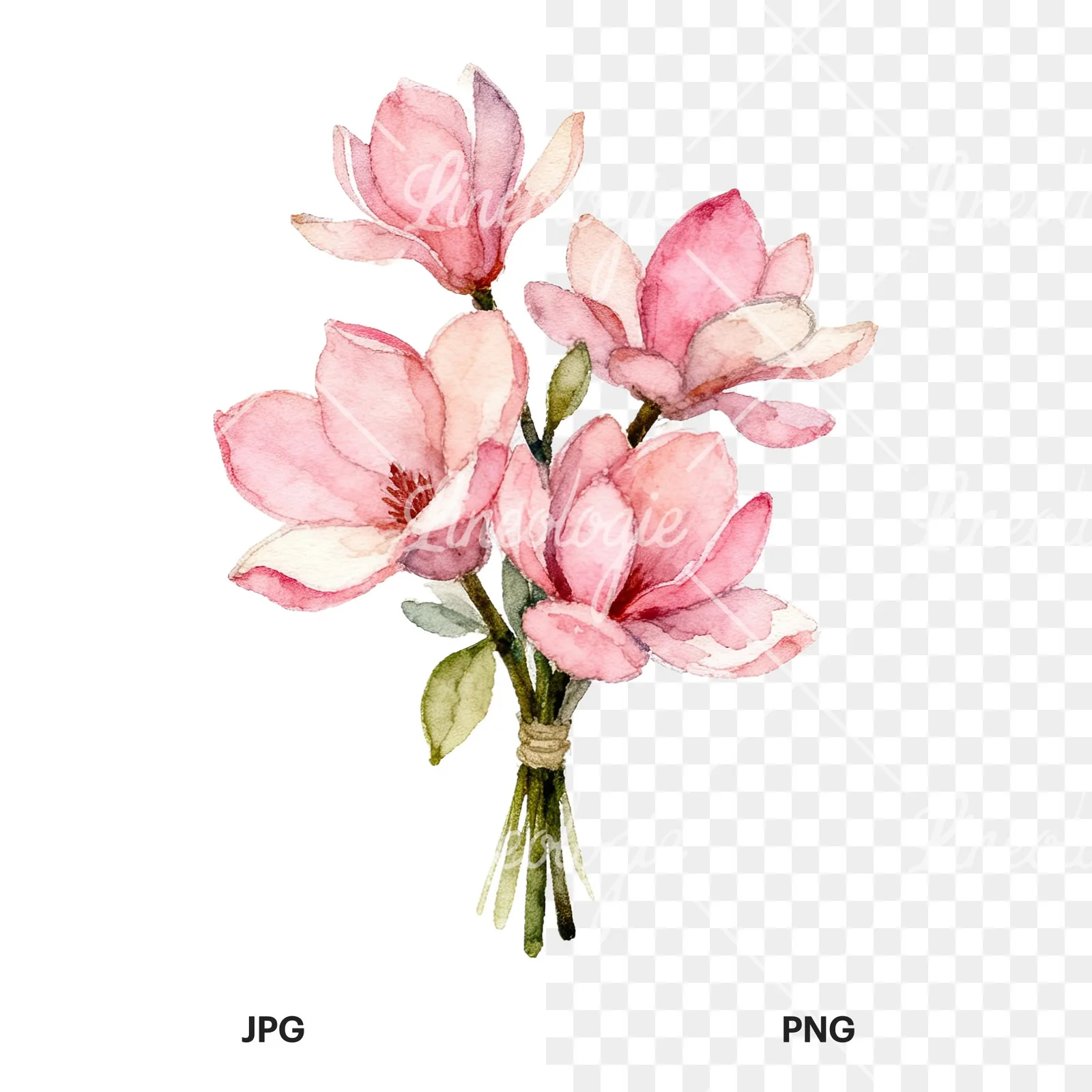 Watercolor pink magnolia bouquet with branches clipart 6 of 9, as a JPG on white and a transparent PNG