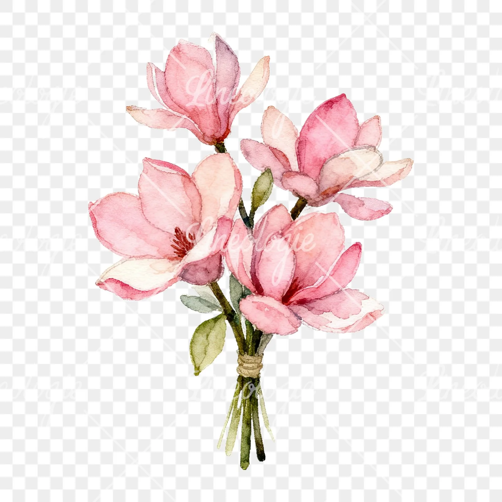 Watercolor pink magnolia bouquet with branches clipart 6 of 9 on a transparent background (PNG)