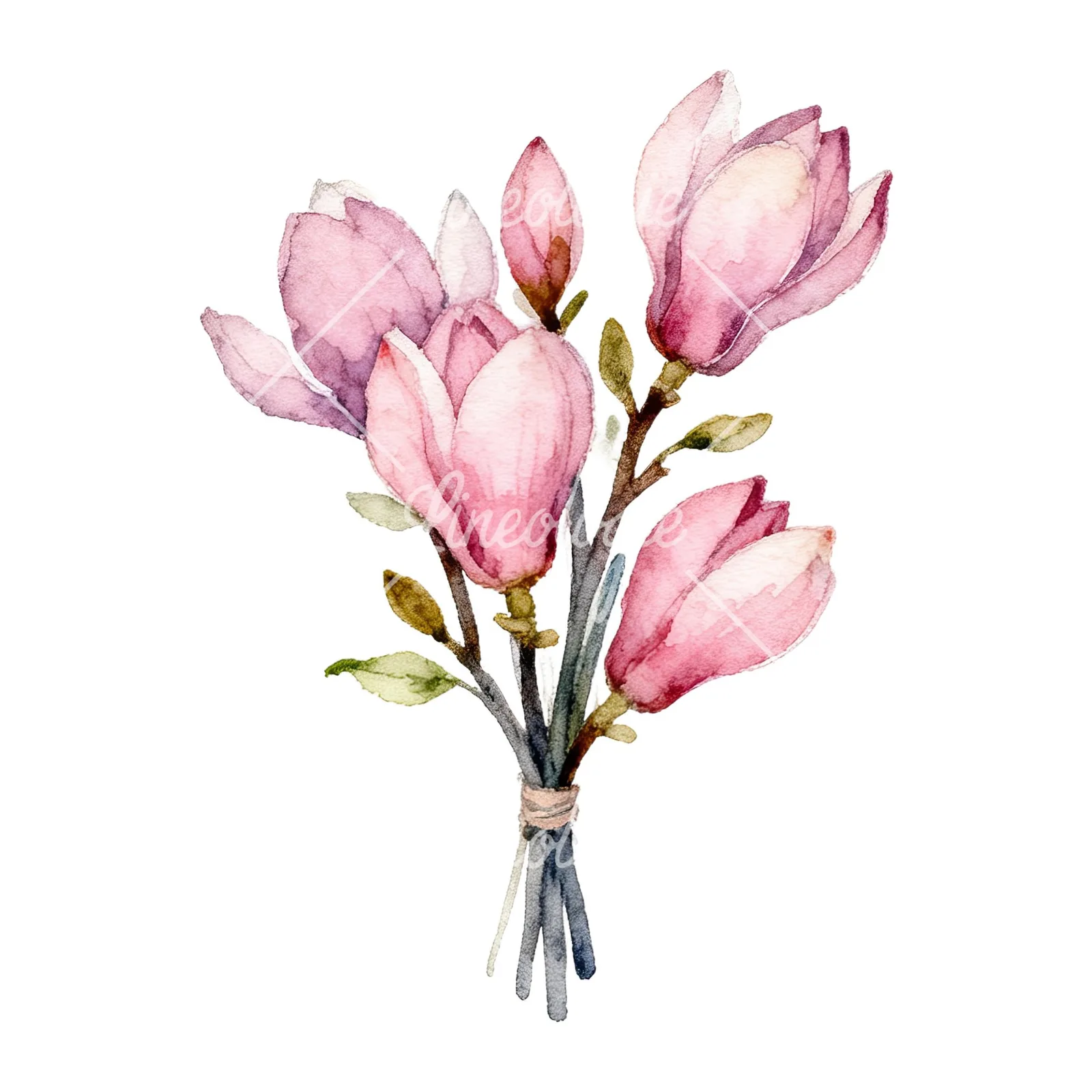 Watercolor pink magnolia bouquet with branches clipart 7 of 9 on a white background (JPG)