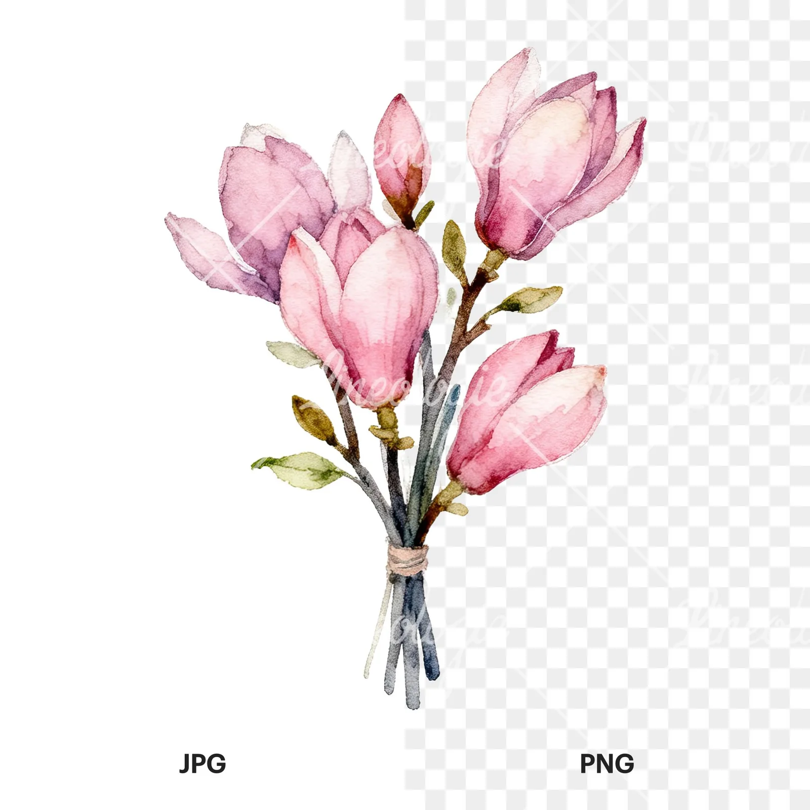 Watercolor pink magnolia bouquet with branches clipart 7 of 9, as a JPG on white and a transparent PNG