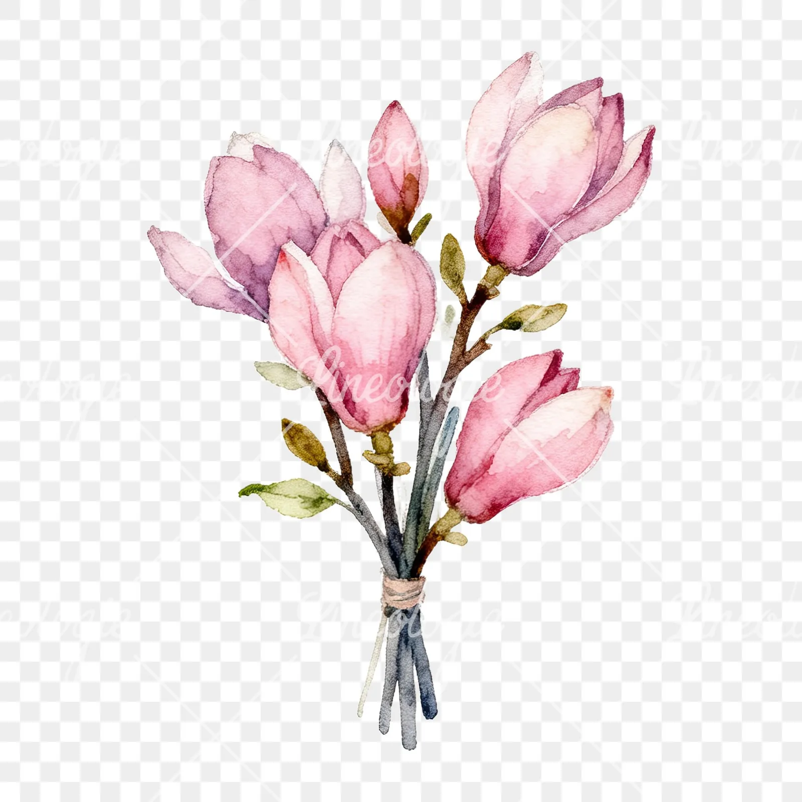 Watercolor pink magnolia bouquet with branches clipart 7 of 9 on a transparent background (PNG)
