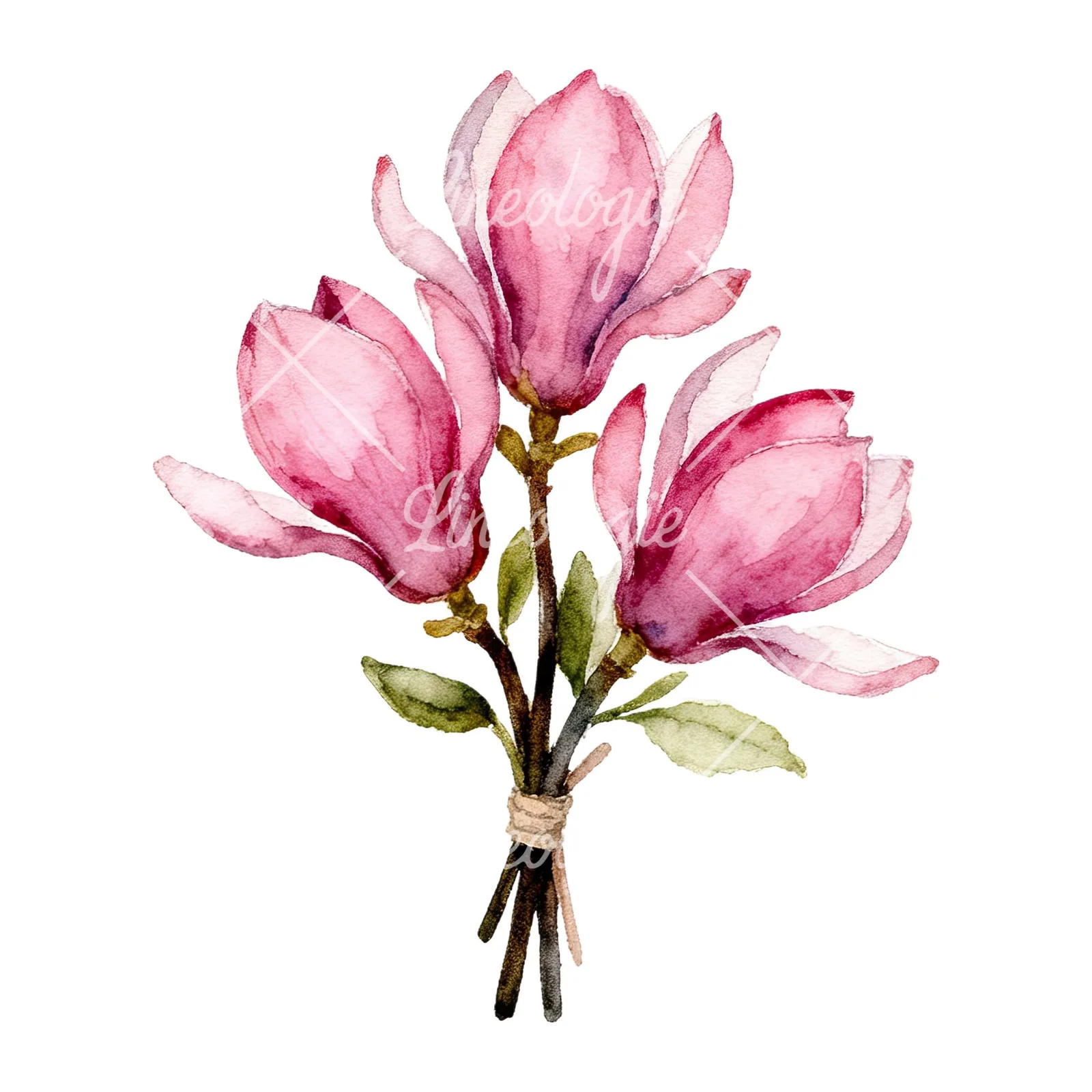 Watercolor pink magnolia bouquet with branches clipart 8 of 9 on a white background (JPG)