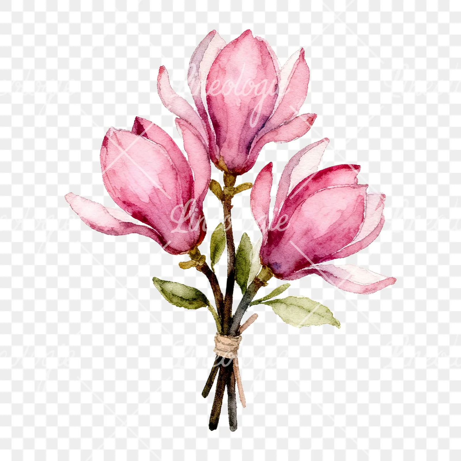 Watercolor pink magnolia bouquet with branches clipart 8 of 9 on a transparent background (PNG)