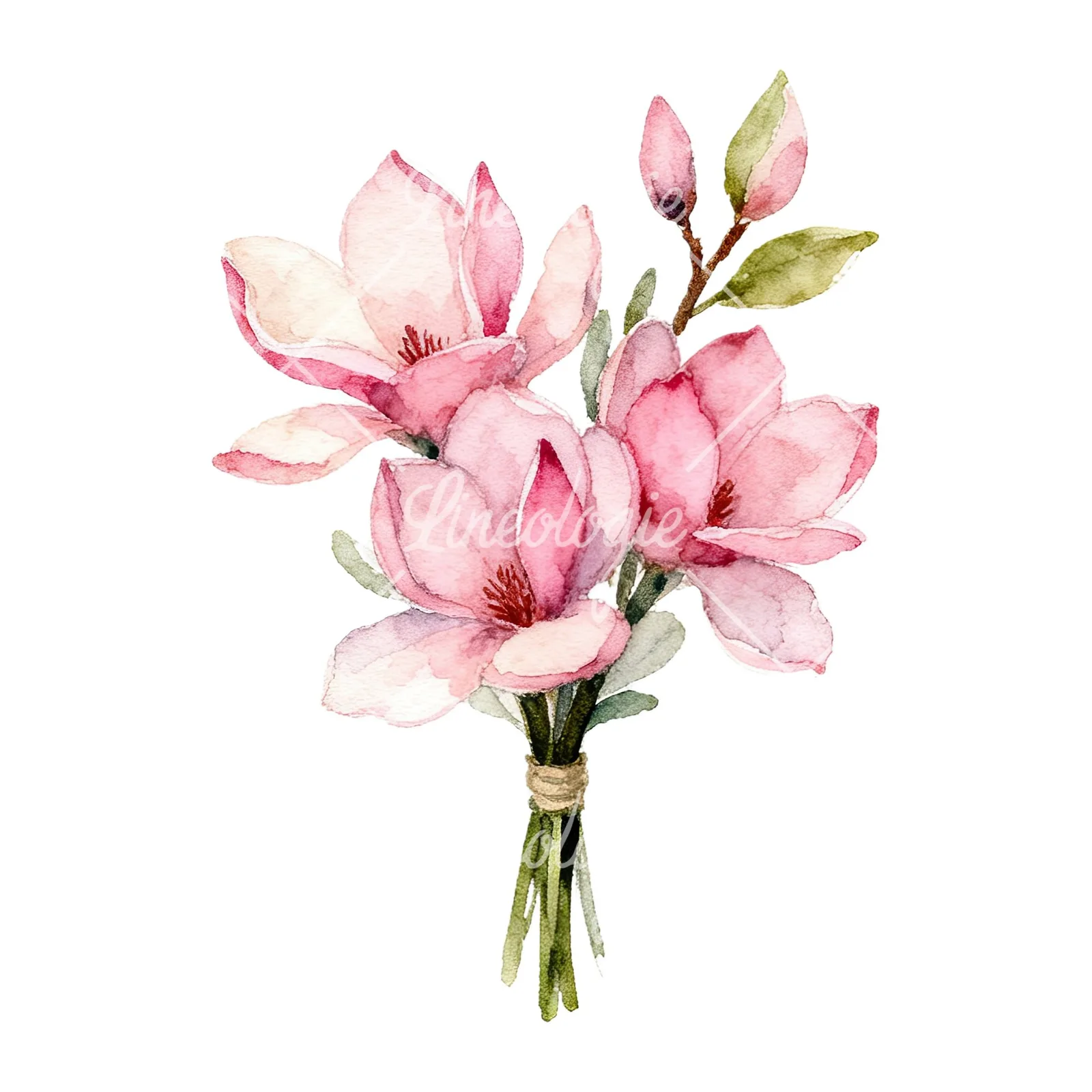 Watercolor pink magnolia bouquet with branches clipart 9 of 9 on a white background (JPG)