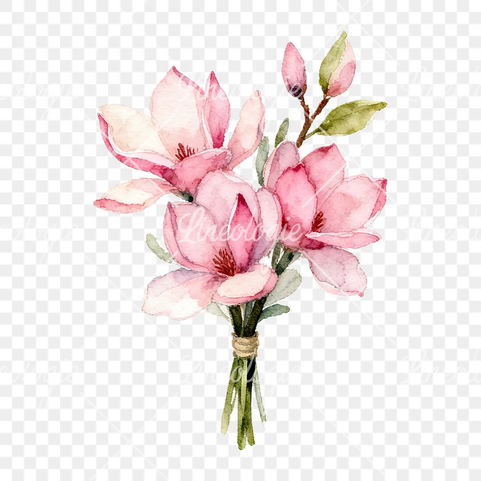 Watercolor pink magnolia bouquet with branches clipart 9 of 9 on a transparent background (PNG)