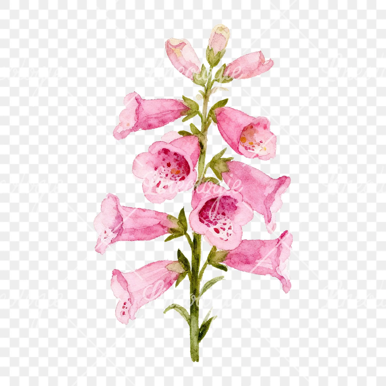 Watercolor pink purple foxglove bouquet clipart 1 of 9 on a transparent background (PNG)
