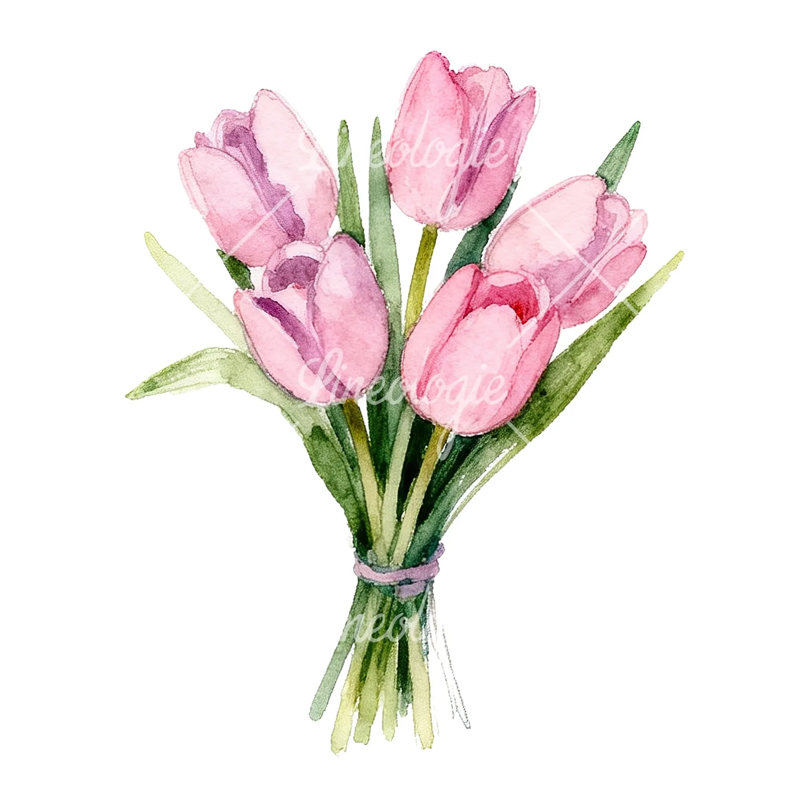 Watercolor pink purple tulip bouquet clipart 3 of 9 on a white background (JPG)