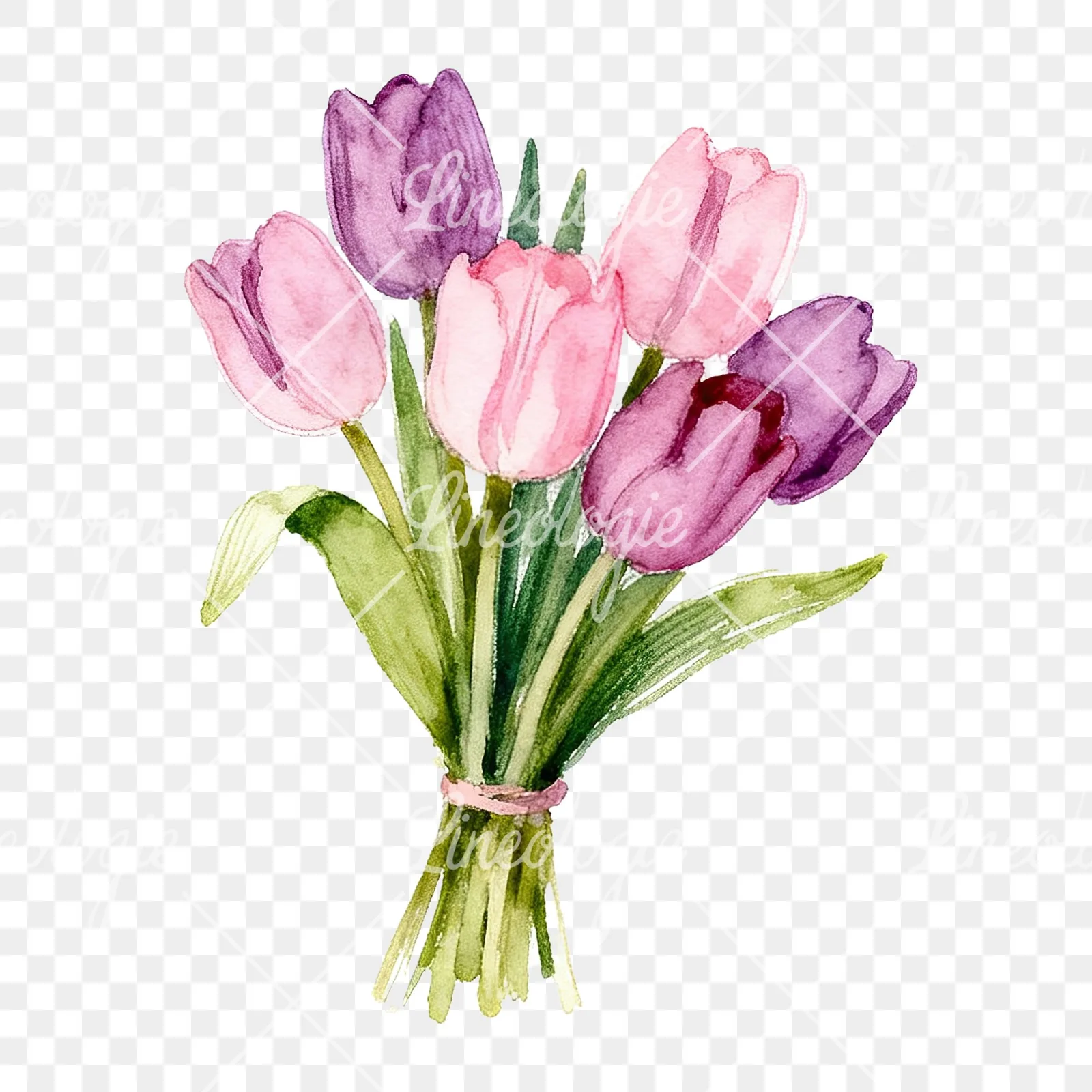 Watercolor pink purple tulip bouquet clipart 6 of 9 on a transparent background (PNG)