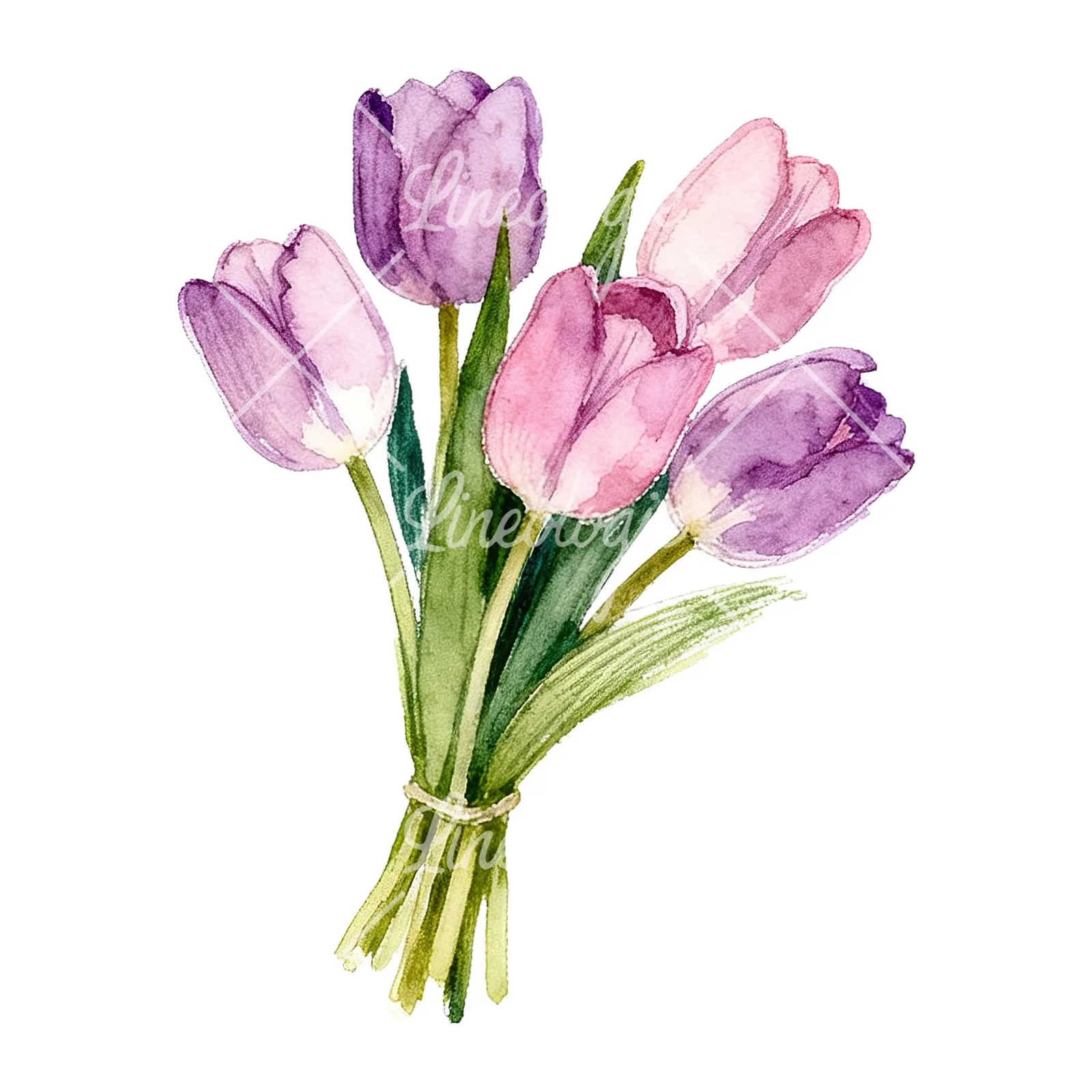 Watercolor pink purple tulip bouquet clipart 7 of 9 on a white background (JPG)