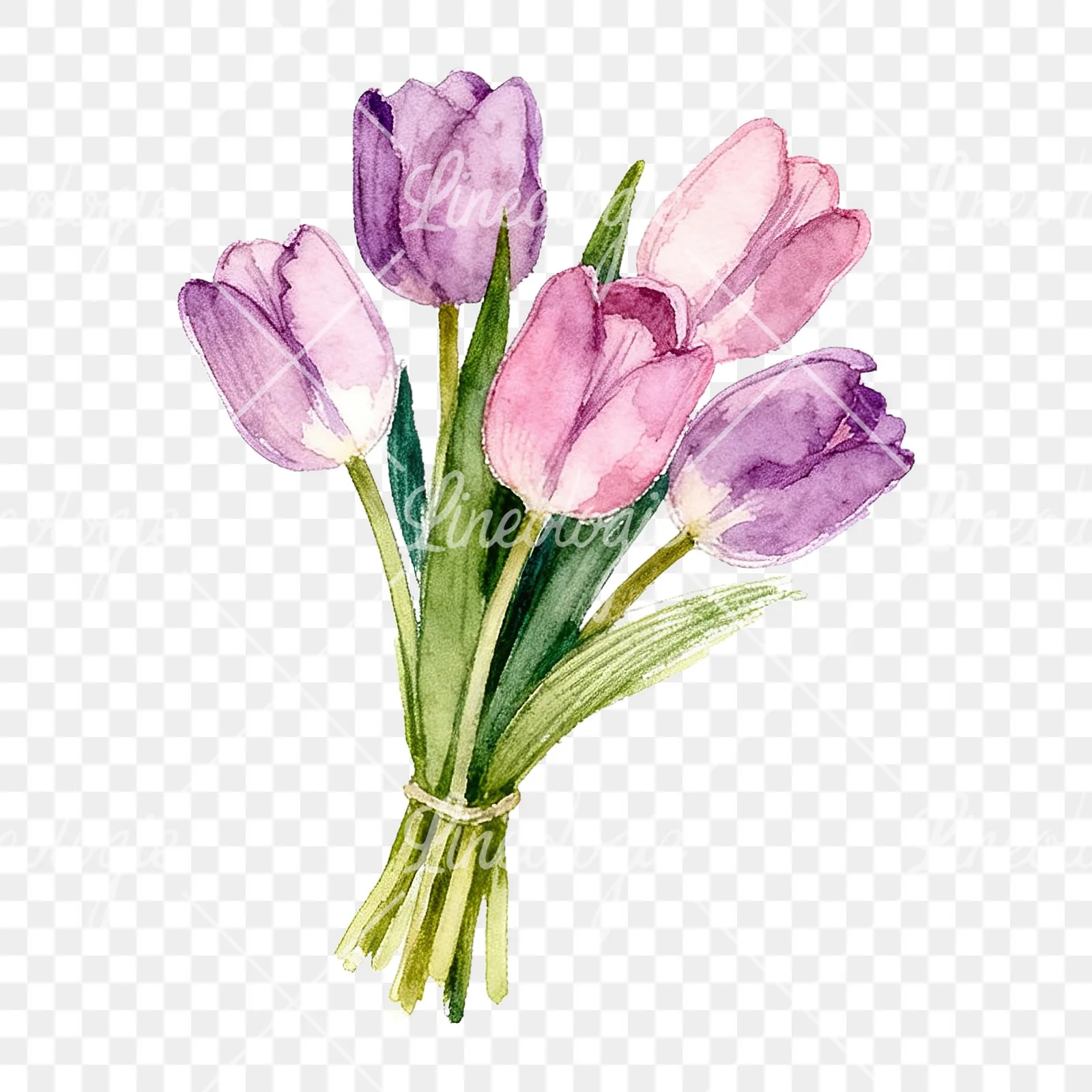 Watercolor pink purple tulip bouquet clipart 7 of 9 on a transparent background (PNG)