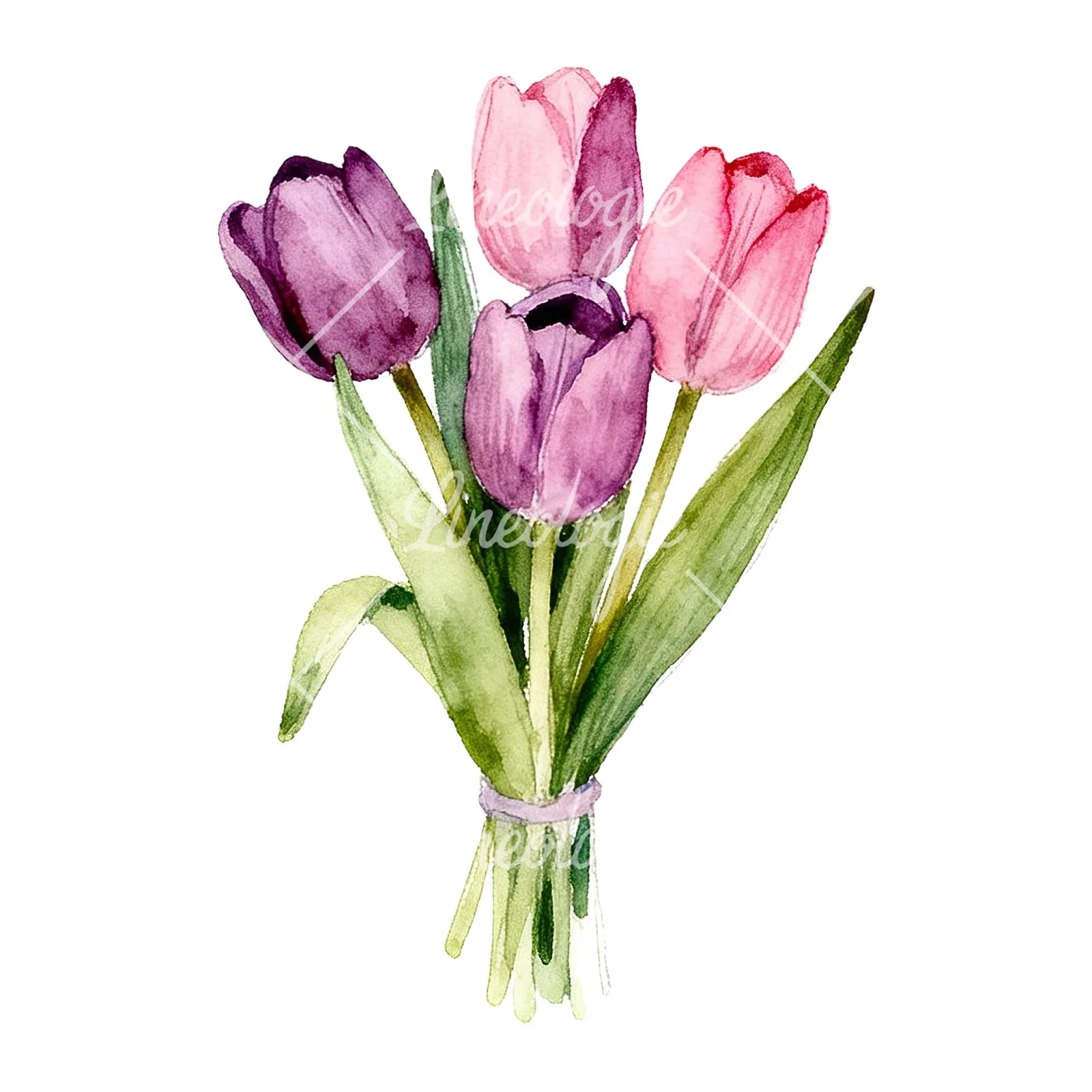 Watercolor pink purple tulip bouquet clipart 8 of 9 on a white background (JPG)