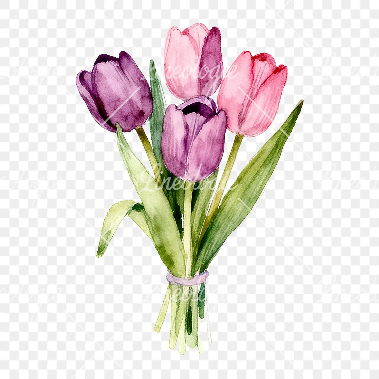 Watercolor pink purple tulip bouquet clipart 8 of 9 on a transparent background (PNG)