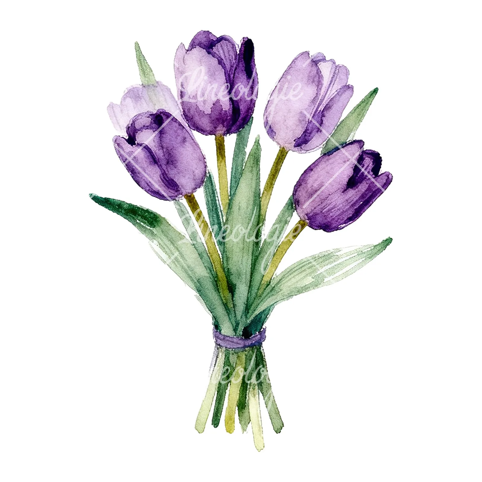 Watercolor pink purple tulip bouquet clipart 9 of 9 on a white background (JPG)