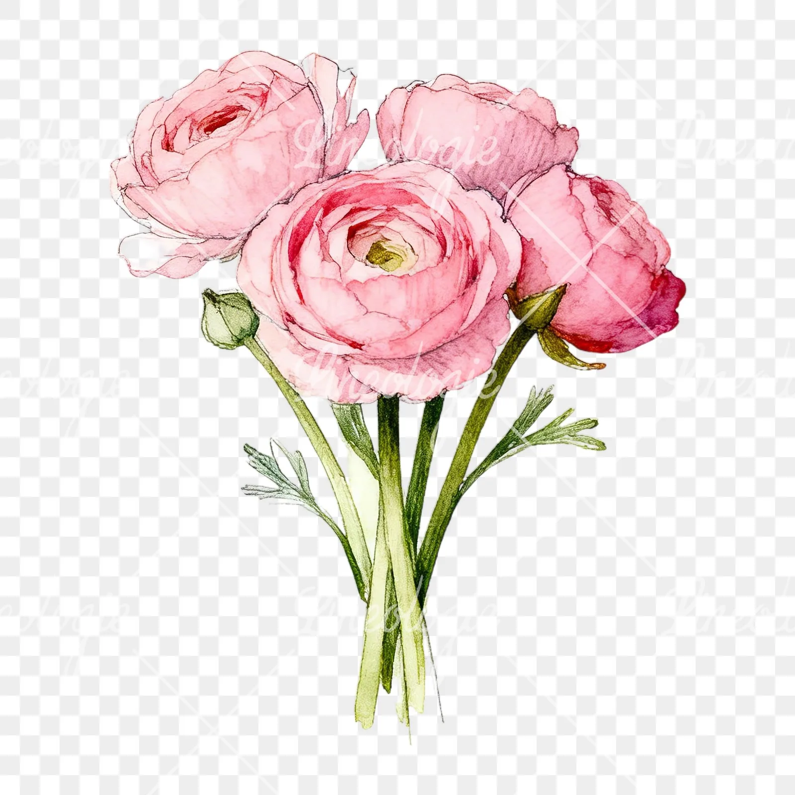 Watercolor blush pink ranunculus bouquet clipart 1 of 9 on a transparent background (PNG)