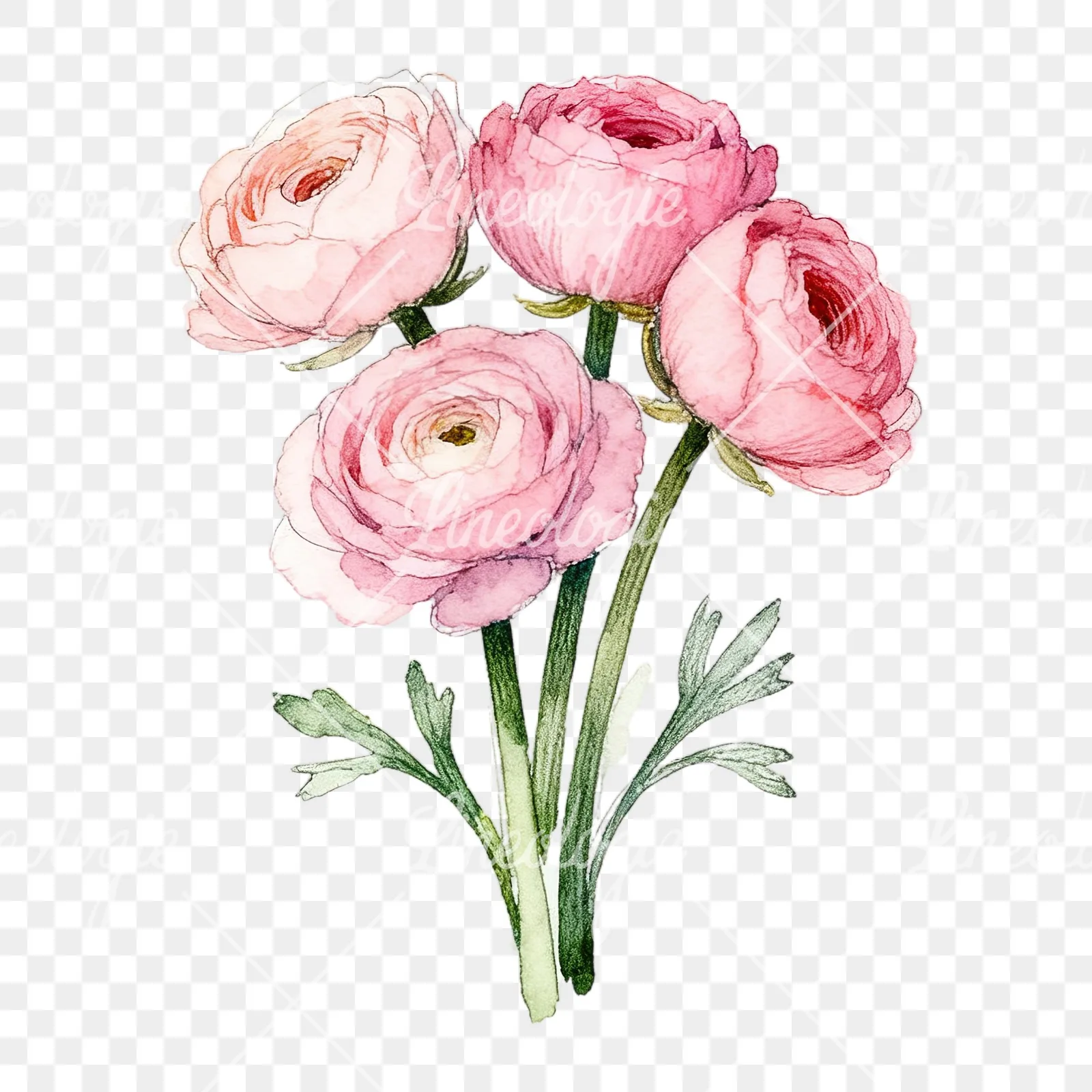 Watercolor blush pink ranunculus bouquet clipart 2 of 9 on a transparent background (PNG)